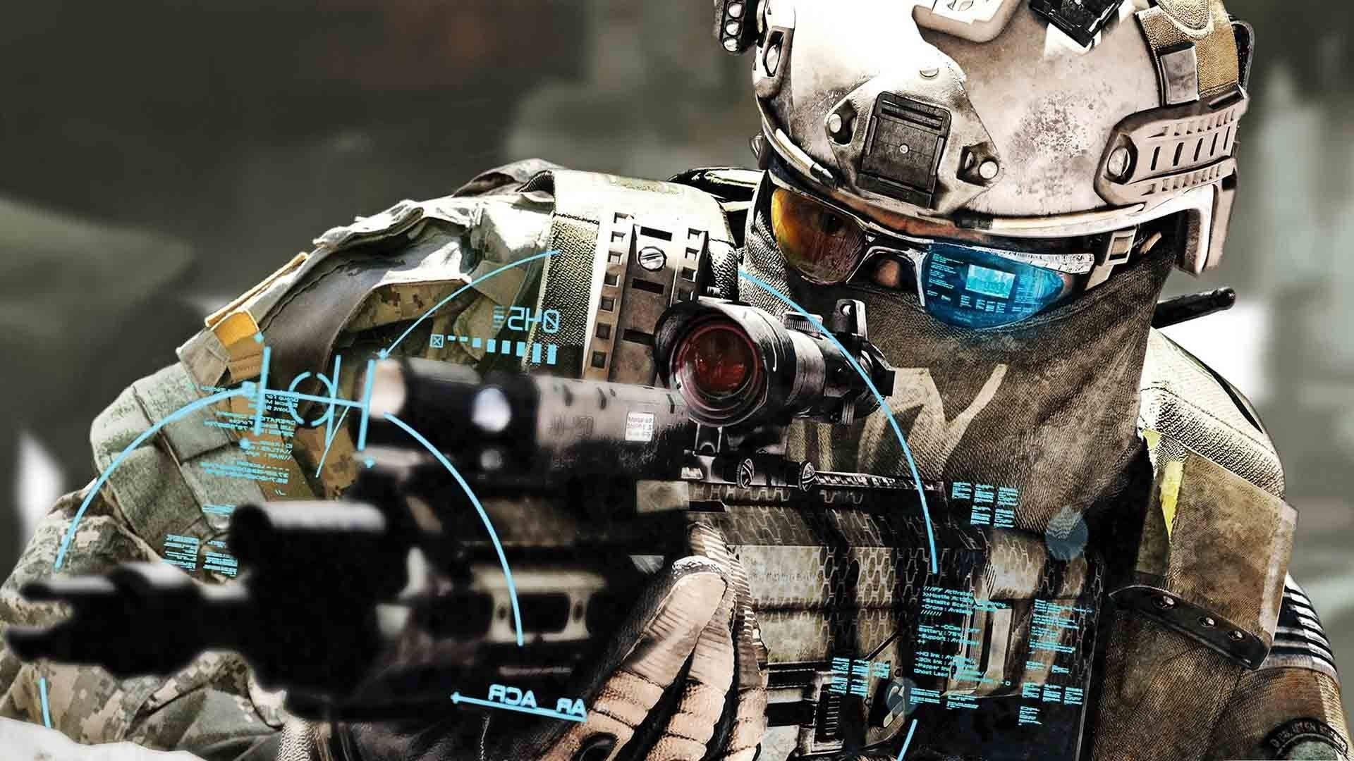 身穿戰鬥裝備的士兵用帶有數位HUD疊加的步槍瞄準。
