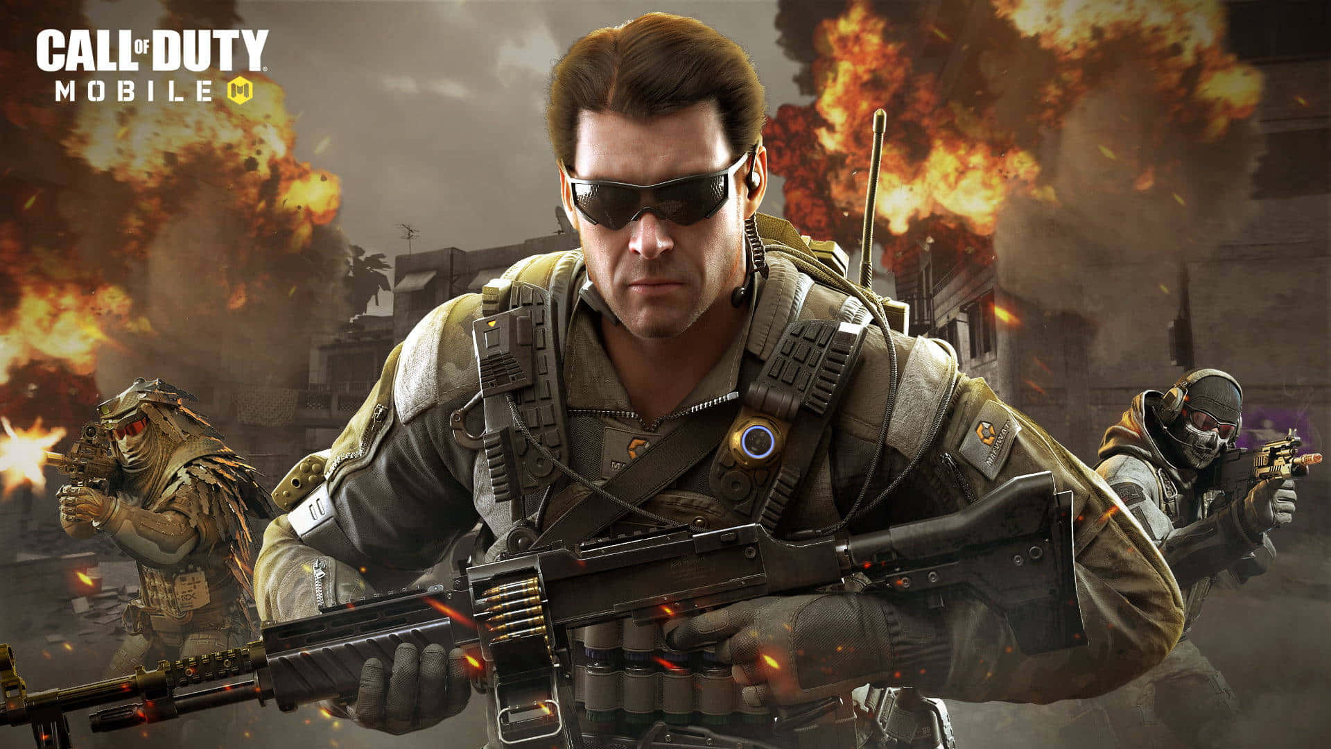 Best Gaming 桌布 壁紙 — 一名身穿戰術裝備的士兵在戰火摧殘的城市戰場上瞄準重型武器，身後爆炸四起。