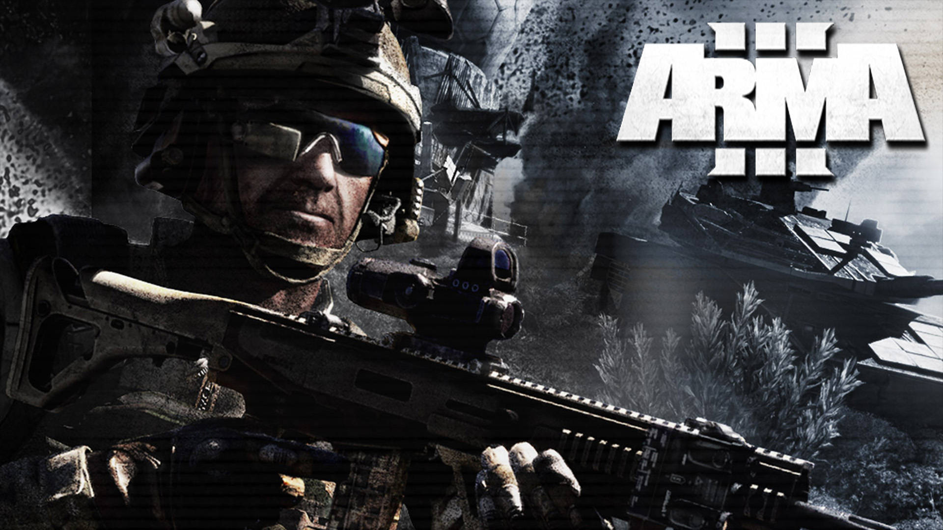 arma 桌布 壁紙 — 一名身穿戰術裝備的士兵在戰火摧殘的戰場上瞄準步槍，背景有裝甲車和煙霧。