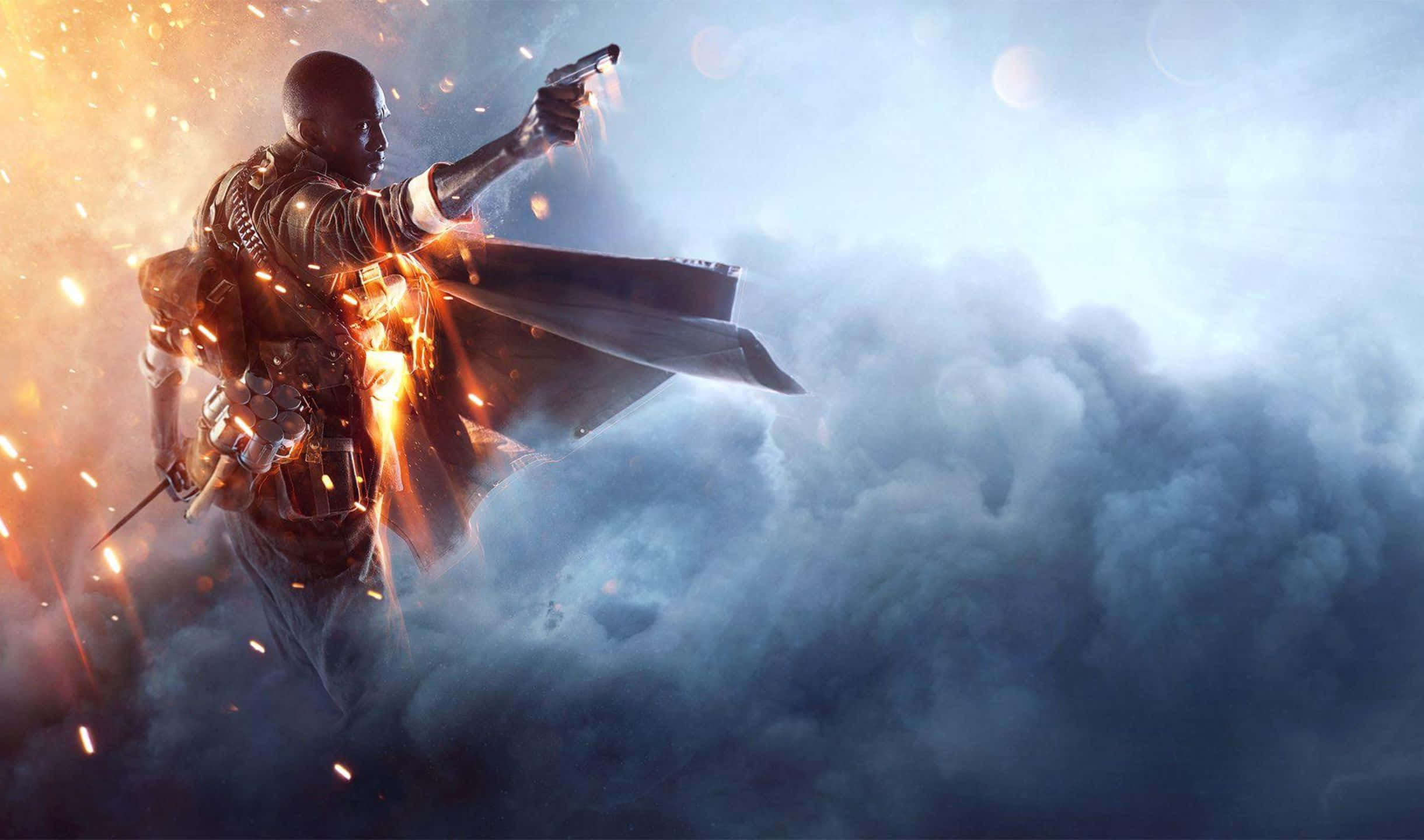 2440x1440 Battlefield 1 桌布 壁紙 — 一名身穿戰術裝備的士兵在戲劇性的天空下，於熾熱的火花和翻滾的煙霧中開槍射擊。
