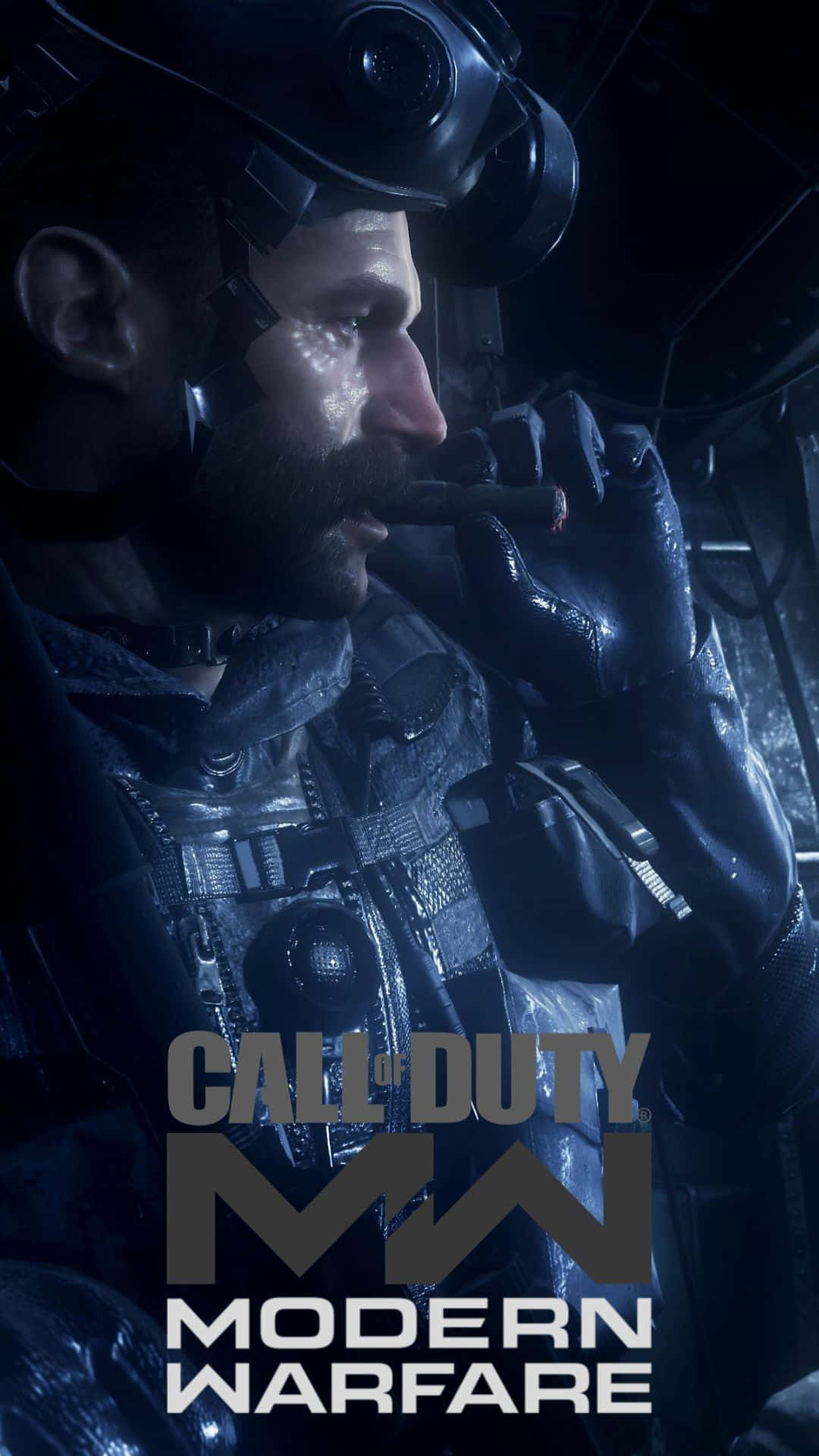 Android Call Of Duty Modern Warfare 桌布 壁紙 — 一名身穿戰術裝備的士兵在昏暗的軍用車輛內，在藍色燈光下抽雪茄。