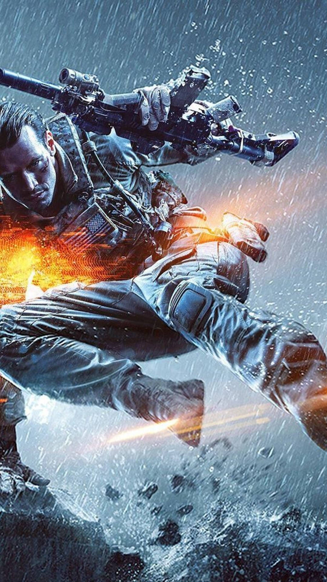 電玩遊戲 桌布 壁紙 — 一名身穿戰術裝備的士兵在暴雨中躍起，同時開火射擊，槍口閃光照亮了暴風雨場景。