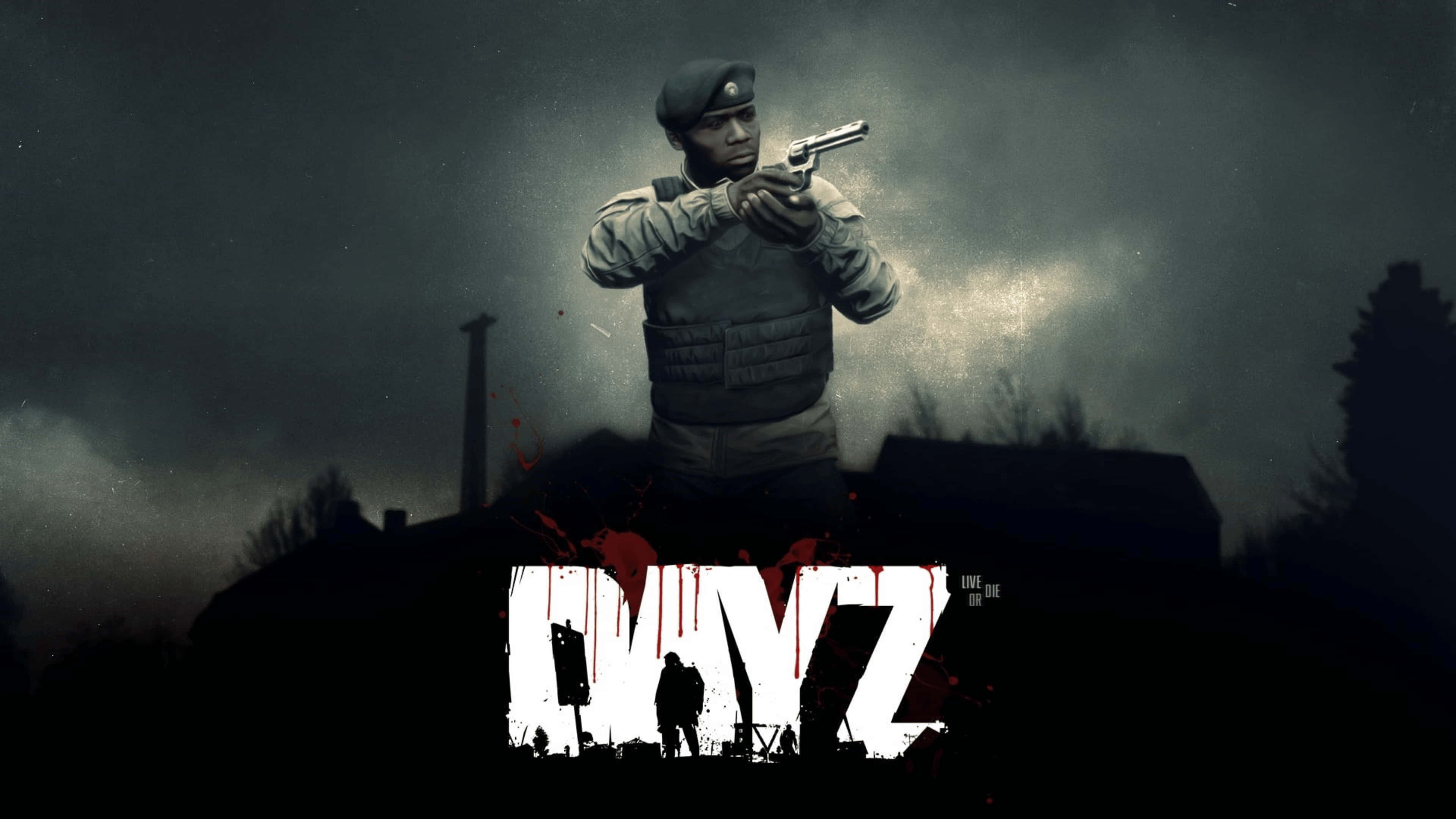 Dayz Mod 桌布 壁紙 — 一名身穿戰術裝備的士兵在暴風雨的天空下瞄準手槍，下方遊戲標題「Gangstar」滴著血。