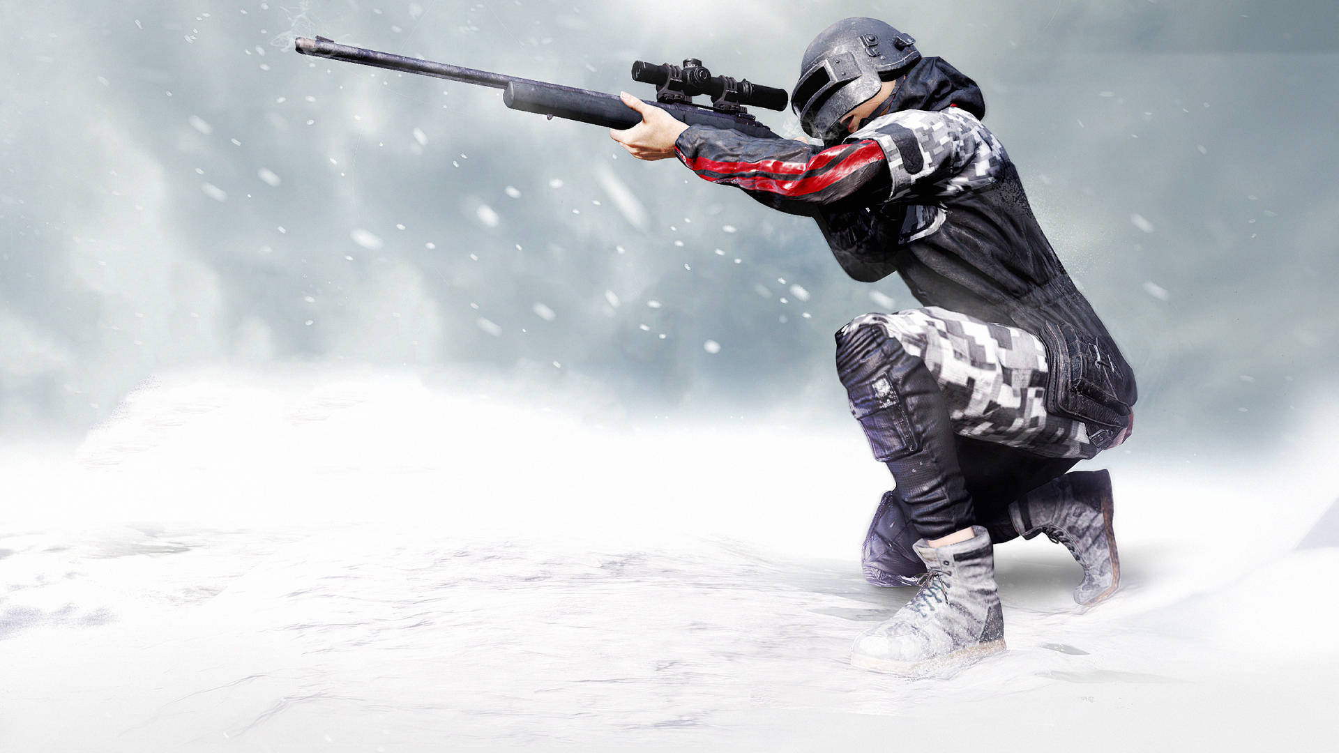 身穿冬季裝備的士兵在暴風雪中瞄準狙擊步槍。