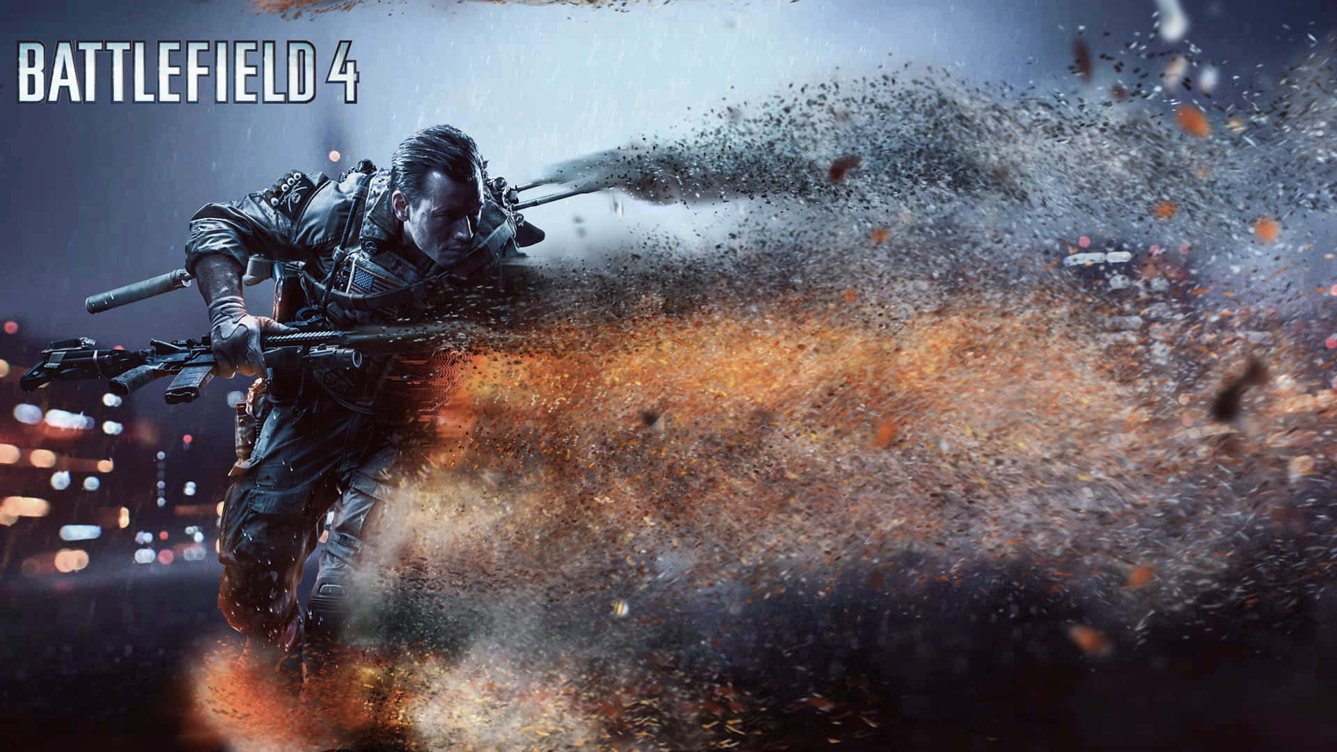 1920x1080 Battlefield 4 桌布 壁紙 — 一名身穿戰術裝備的士兵在混亂的城市戰場場景中，穿過火焰爆炸，碎片四處飛揚。