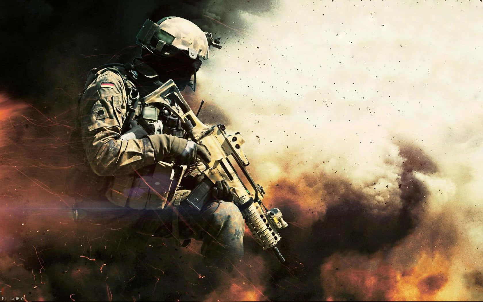 soldier 桌布 壁紙 — 一名身穿戰術裝備的士兵在混亂的戰場上，於熾熱的爆炸和滾滾濃煙中開火射擊步槍。