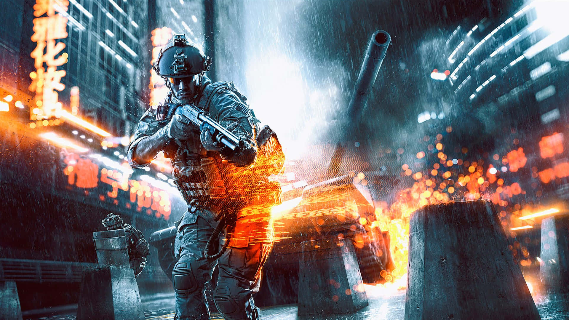 1920x1080 Battlefield 4 桌布 壁紙 — 一名身穿戰術裝備的士兵在火焰爆炸和霓虹燈照亮的雨濕街道中開火。