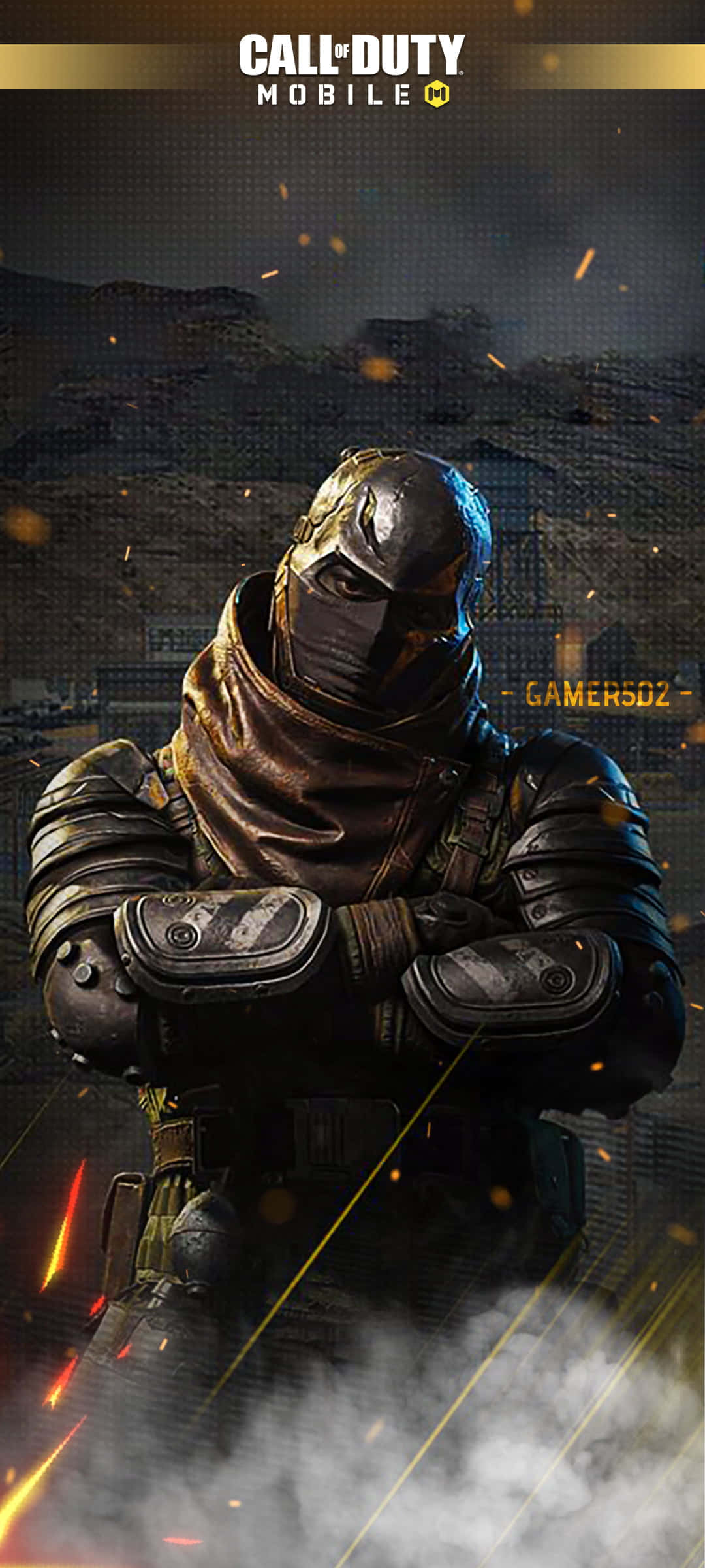 Cod Mobile Character Skins 桌布 壁紙 — 一名身穿戰術裝備的士兵在火花和煙霧瀰漫的惡劣戰場場景中挑釁地站立。