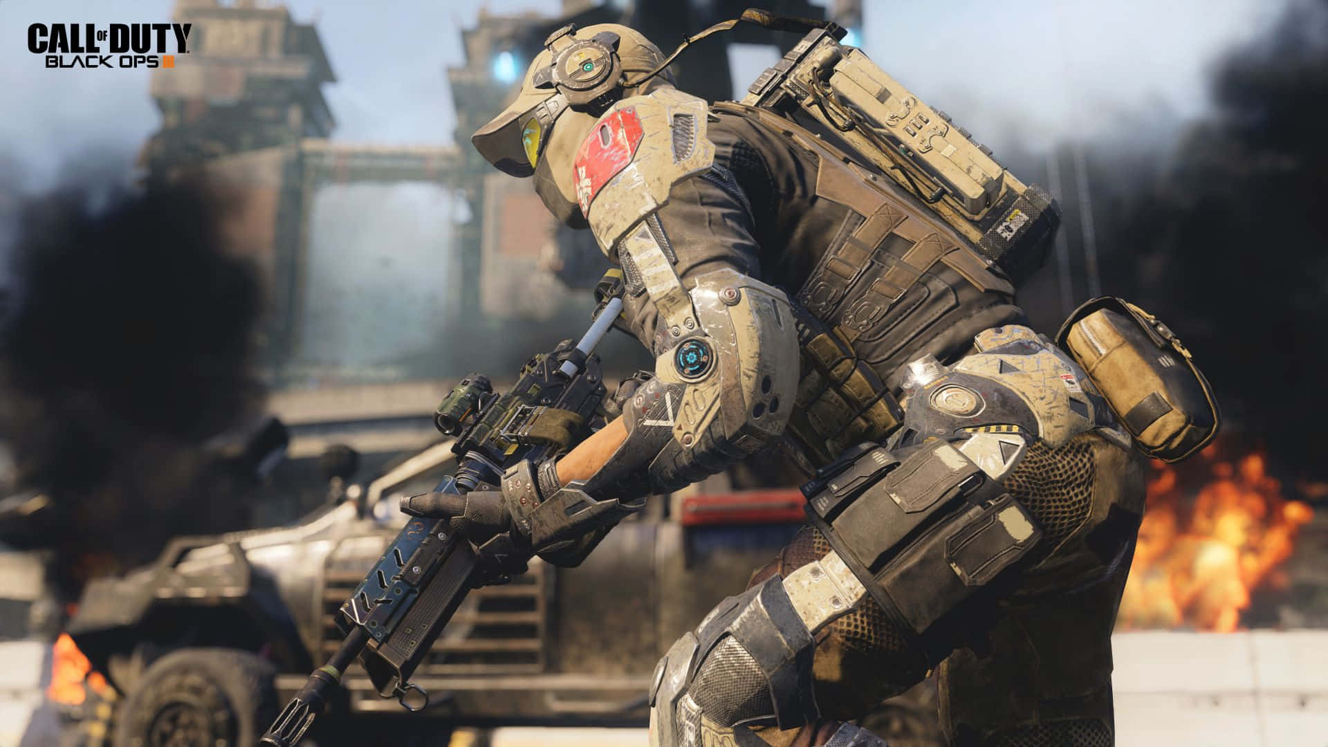 Black Ops 3 桌布 壁紙 — 一名身穿戰術裝備的士兵在煙霧和火焰中蹲伏，手持步槍，身處被戰爭摧毀的城市戰場。