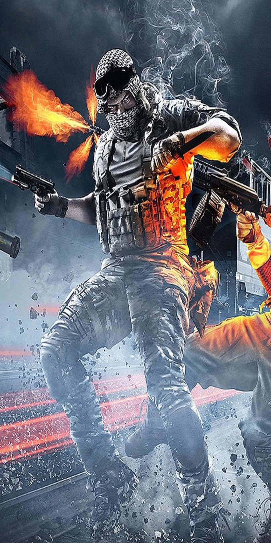Pixel 3 Battlefield 3 桌布 壁紙 — 一名身穿戰術裝備的士兵在煙霧和碎片中開火，口中噴出火焰，身處 gritty 的城市戰鬥場景。