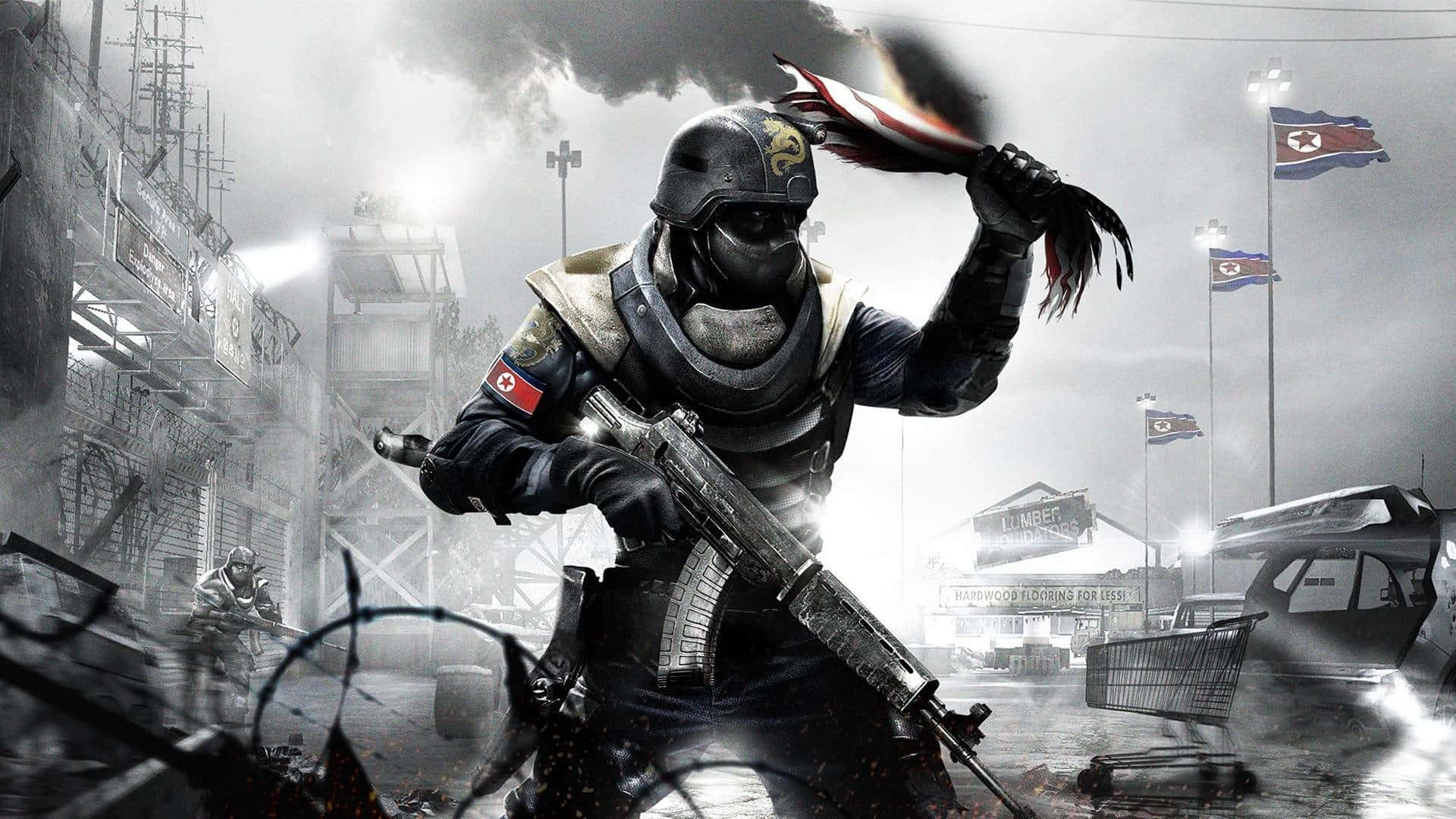 Call Of Duty Black Ops 1 桌布 壁紙 — 一名身穿戰術裝備的士兵在煙霧彌漫、建築物受損的戰亂城市街道上，手持一面燃燒的旗幟。