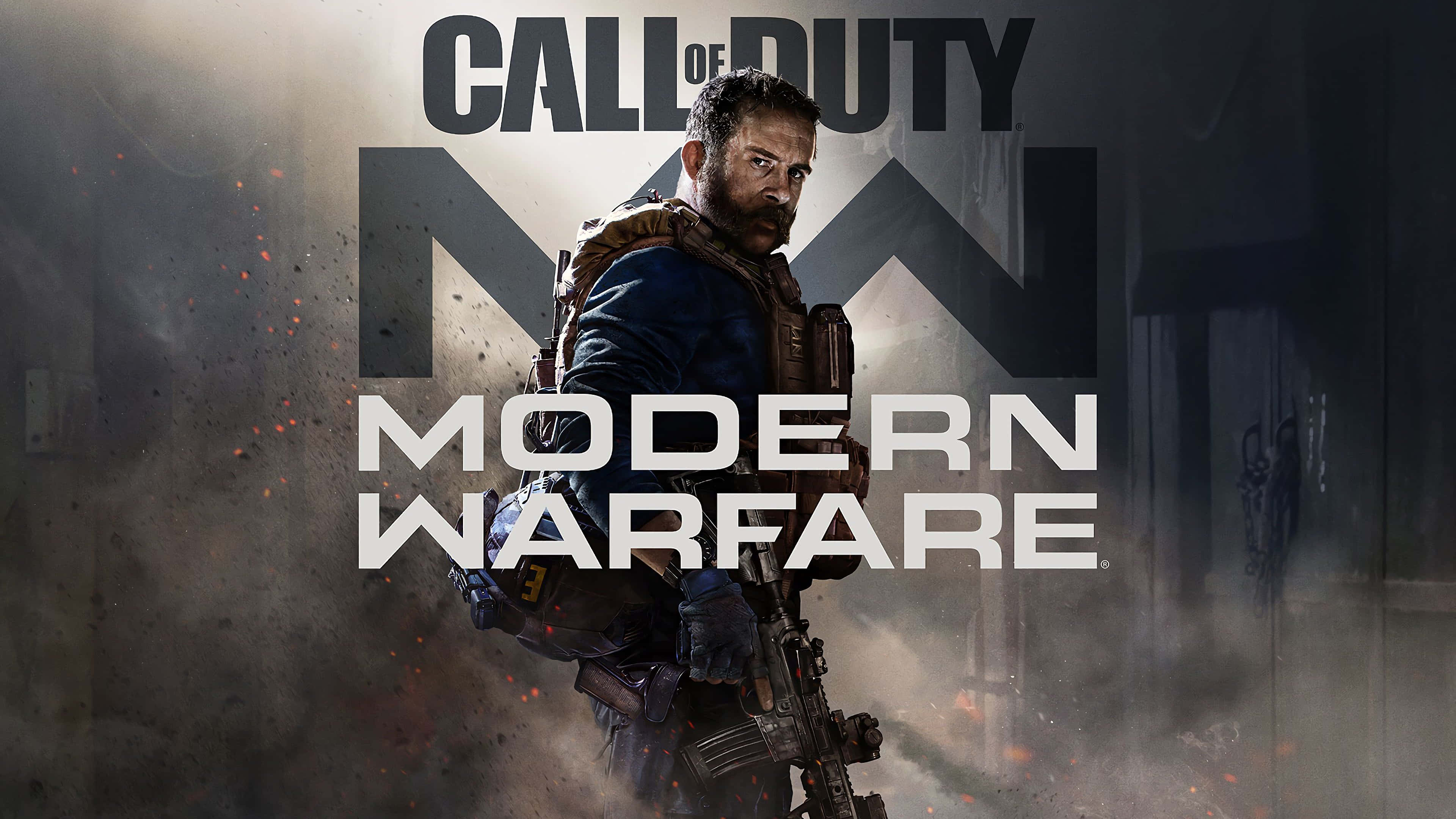 games 桌布 壁紙 — 一名身穿戰術裝備的士兵在煙霧彌漫的戰爭背景下持步槍準備就緒，背景有Call of Duty Modern Warfare標誌。