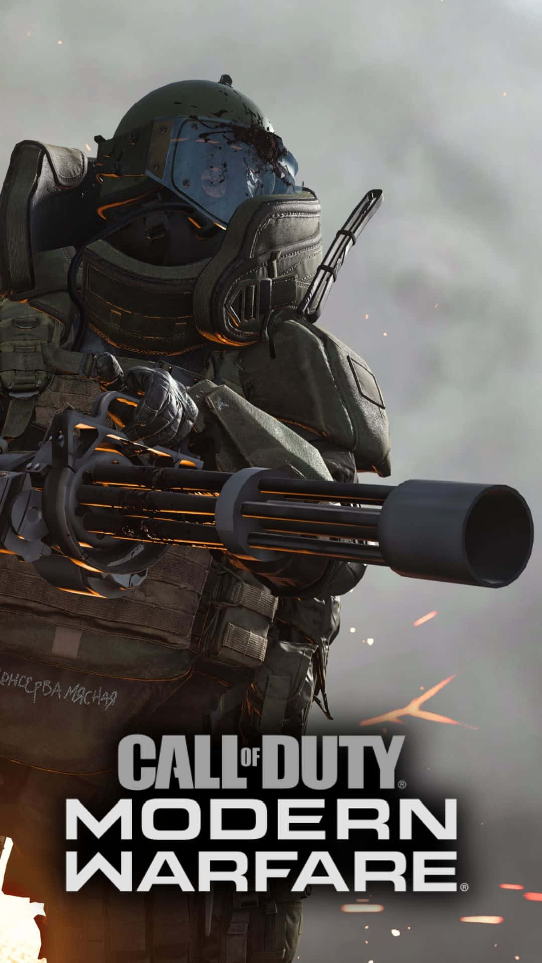 Android Call Of Duty Modern Warfare 桌布 壁紙 — 一名身穿戰術裝備的士兵在煙霧瀰漫的戰場背景下手持重型機槍，並帶有遊戲標題文字。