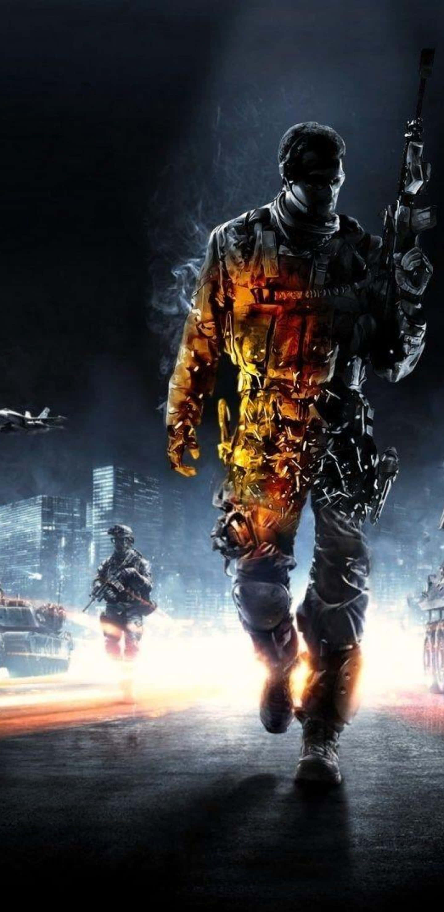 Pixel 3xl Battlefield 4 桌布 壁紙 — 一名身穿戰術裝備的士兵在煙霧瀰漫的城市戰場上前進，身體帶有熾熱的發光效果。