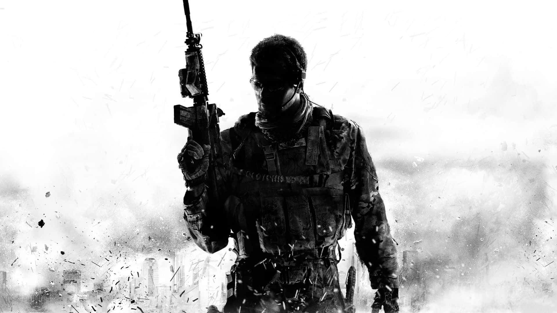 Silhouette 桌布 壁紙 — 一名身穿戰術裝備的士兵在煙霧瀰漫的戰場上以剪影姿態站立，手持突擊步槍。