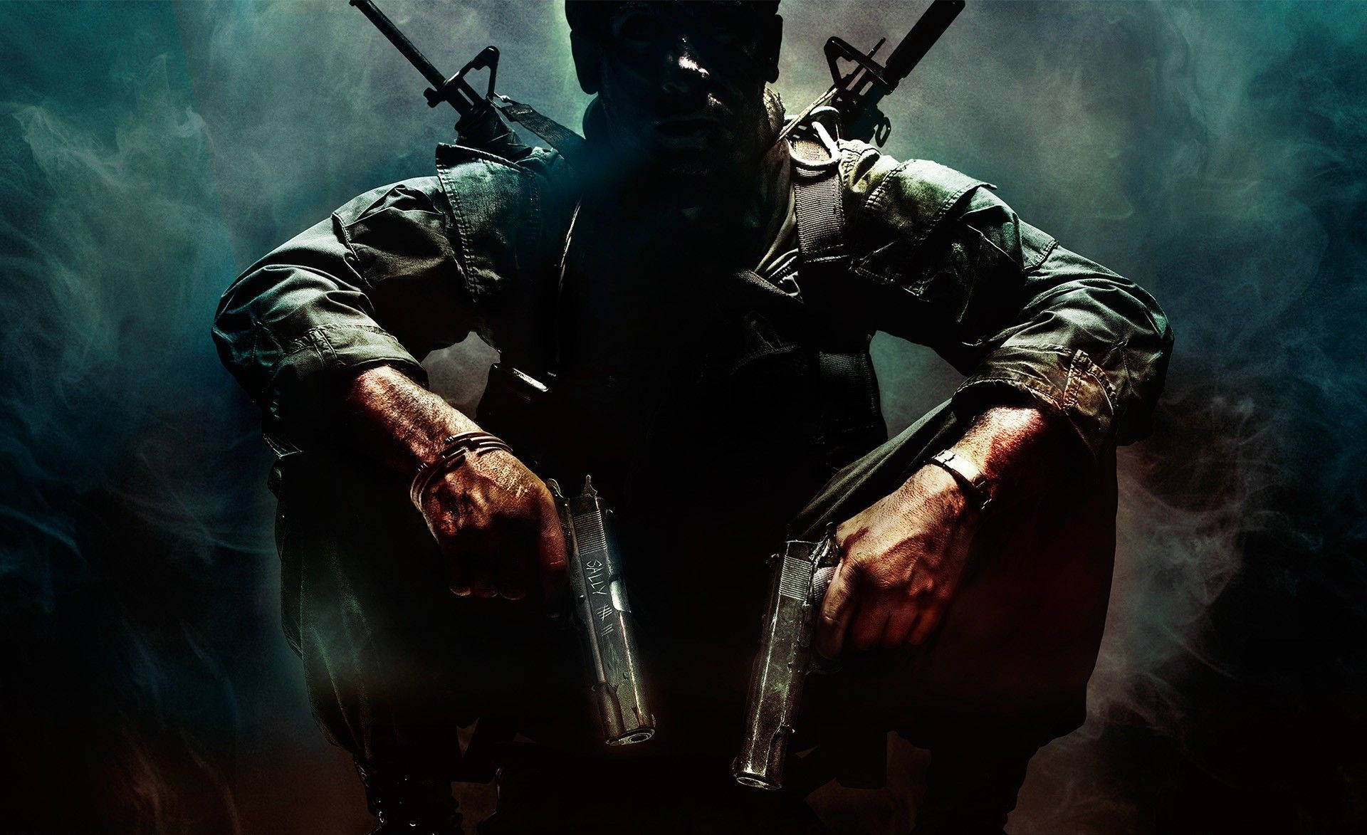一名士兵在煙霧瀰漫的黑暗環境中手持兩把手槍。 — 電玩遊戲 GIF 壁紙
