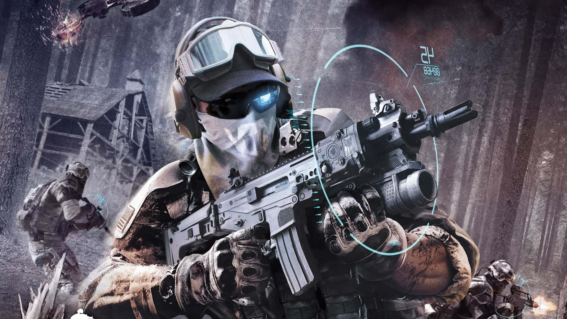 Ghost Recon 桌布 壁紙 — 一名身穿戰術裝備的士兵在煙霧瀰漫的森林戰場上，用一把未來風格的步槍瞄準，並帶有數位HUD元素。