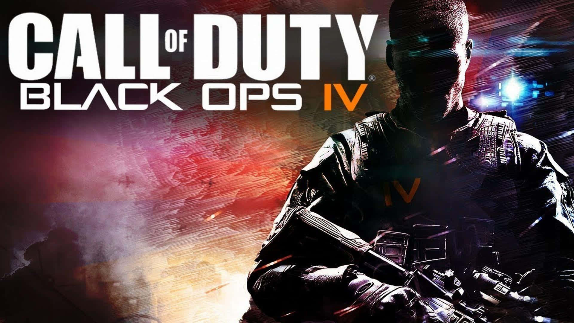 Call Of Duty Black Ops 4 桌布 壁紙 — 一名身穿戰術裝備的士兵在熾熱抽象背景、發光燈光和遊戲標題顯著顯示的情況下手持步槍。