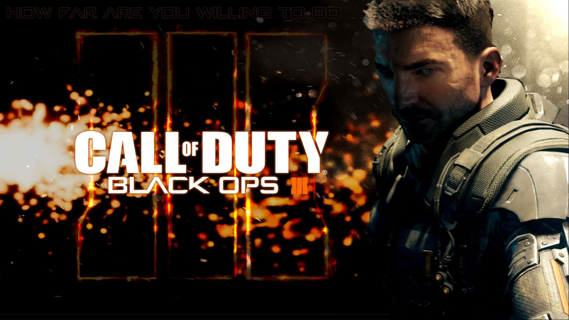 Call Of Duty Black Ops 桌布 壁紙 — 一名身穿戰術裝備的士兵在熾熱爆炸背景下，帶著「Call of Duty Black Ops III」標題，凝視著前方。
