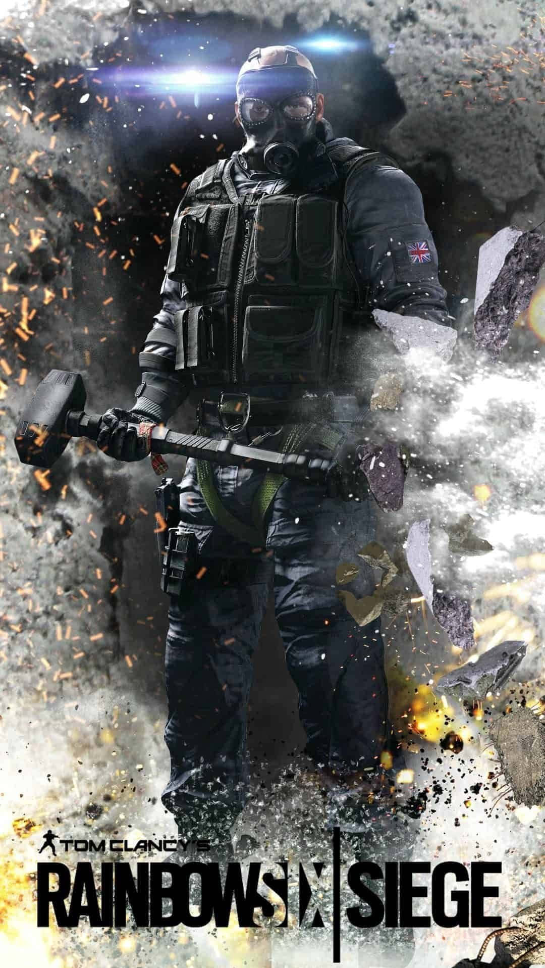 Title 桌布 壁紙 — 一名身穿戰術裝備的士兵在爆炸碎片和飛揚瓦礫中揮舞大錘。