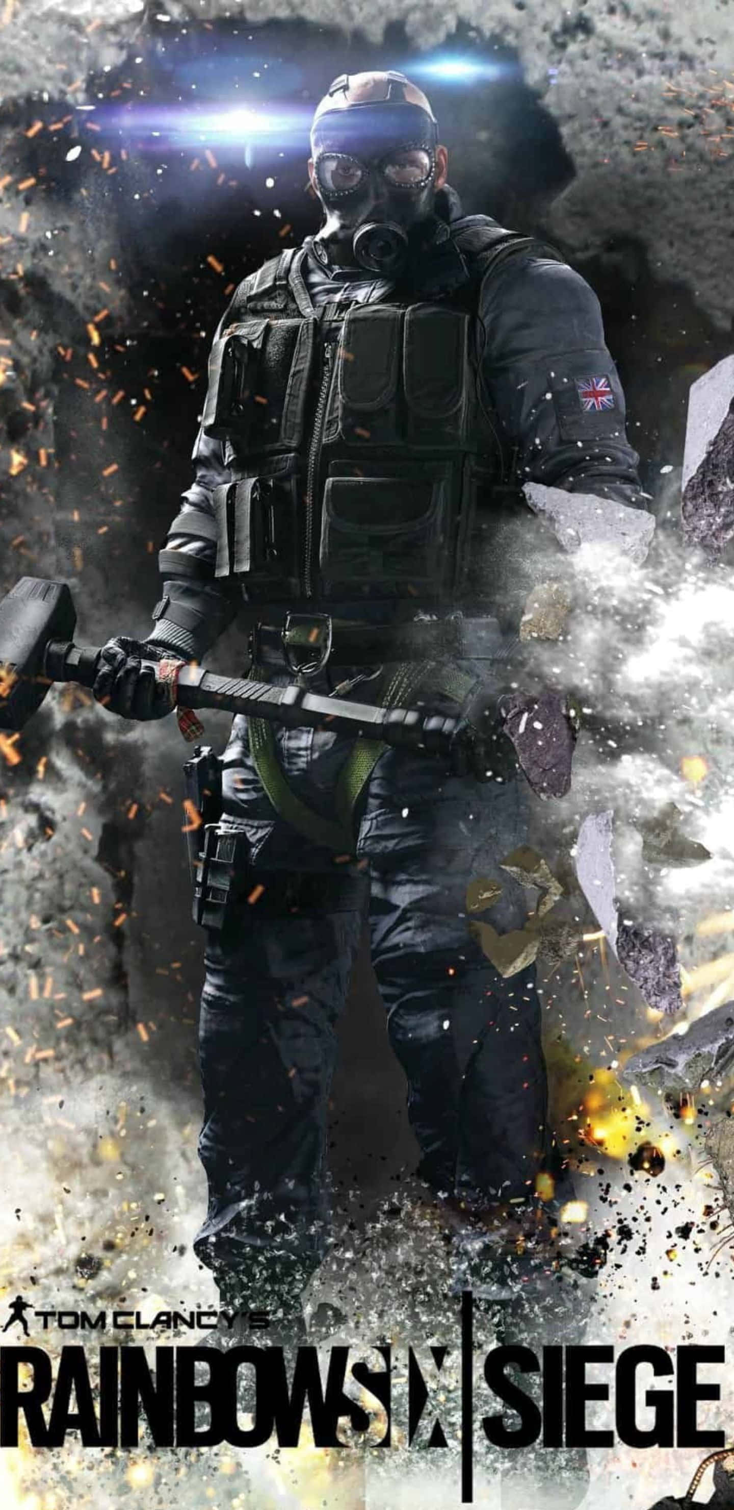 Pixel 3xl Rainbow Six Siege 桌布 壁紙 — 一名身穿戰術裝備的士兵在爆炸碎片和火花中揮舞大錘，呈現 gritty 的戰鬥場景。