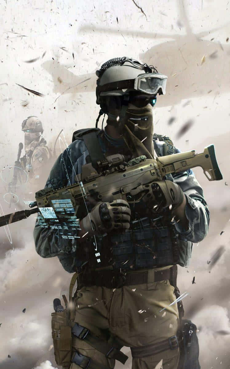 Tactical 桌布 壁紙 — 一名身穿戰術裝備的士兵在瓦礫和灰塵中手持步槍，背景有直升機的輪廓。