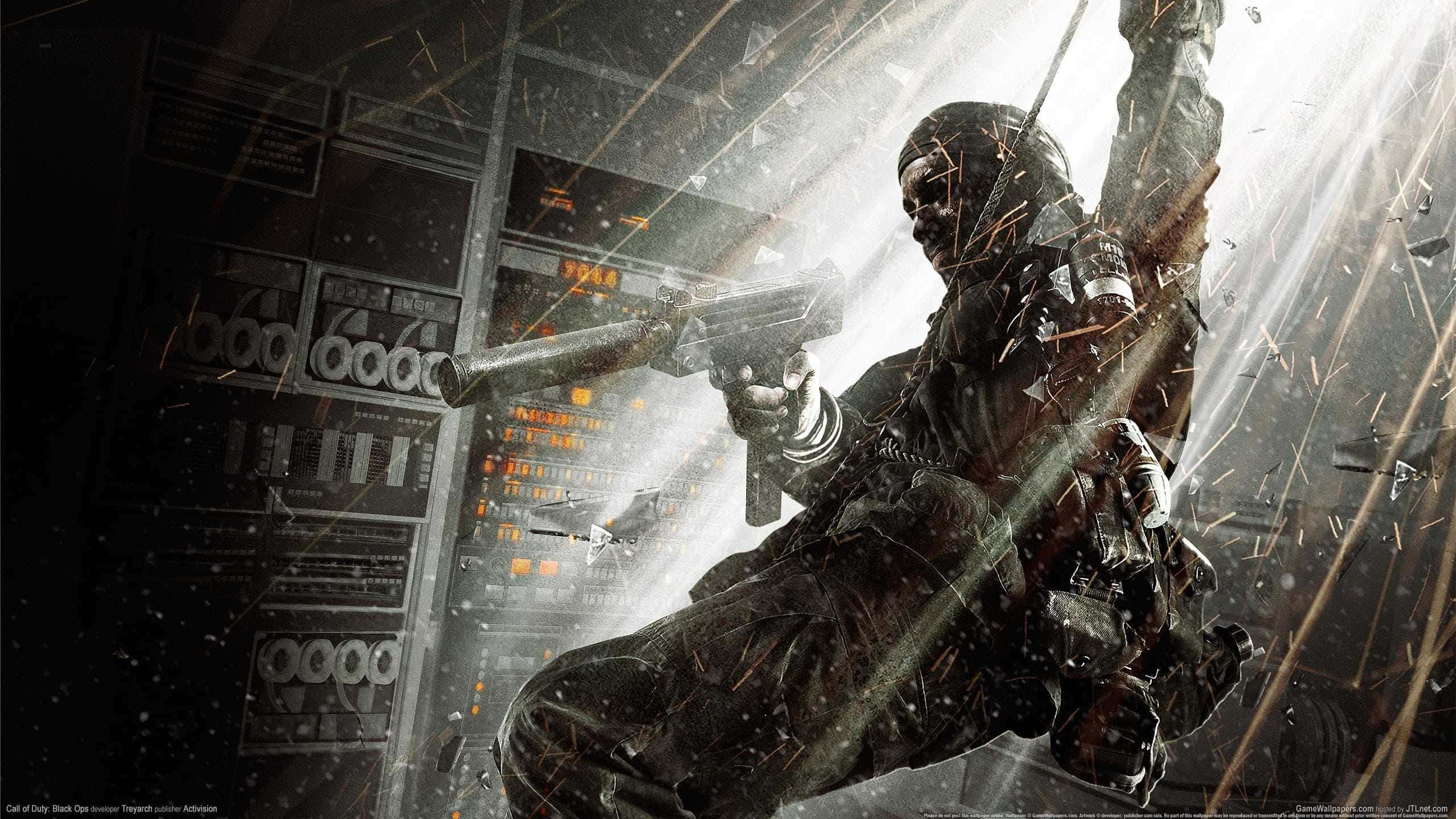 Call Of Duty 2020 桌布 壁紙 — 一名身穿戰術裝備的士兵在瓦礫和發光的數位顯示器之間，於高科技戰鬥區域開火。