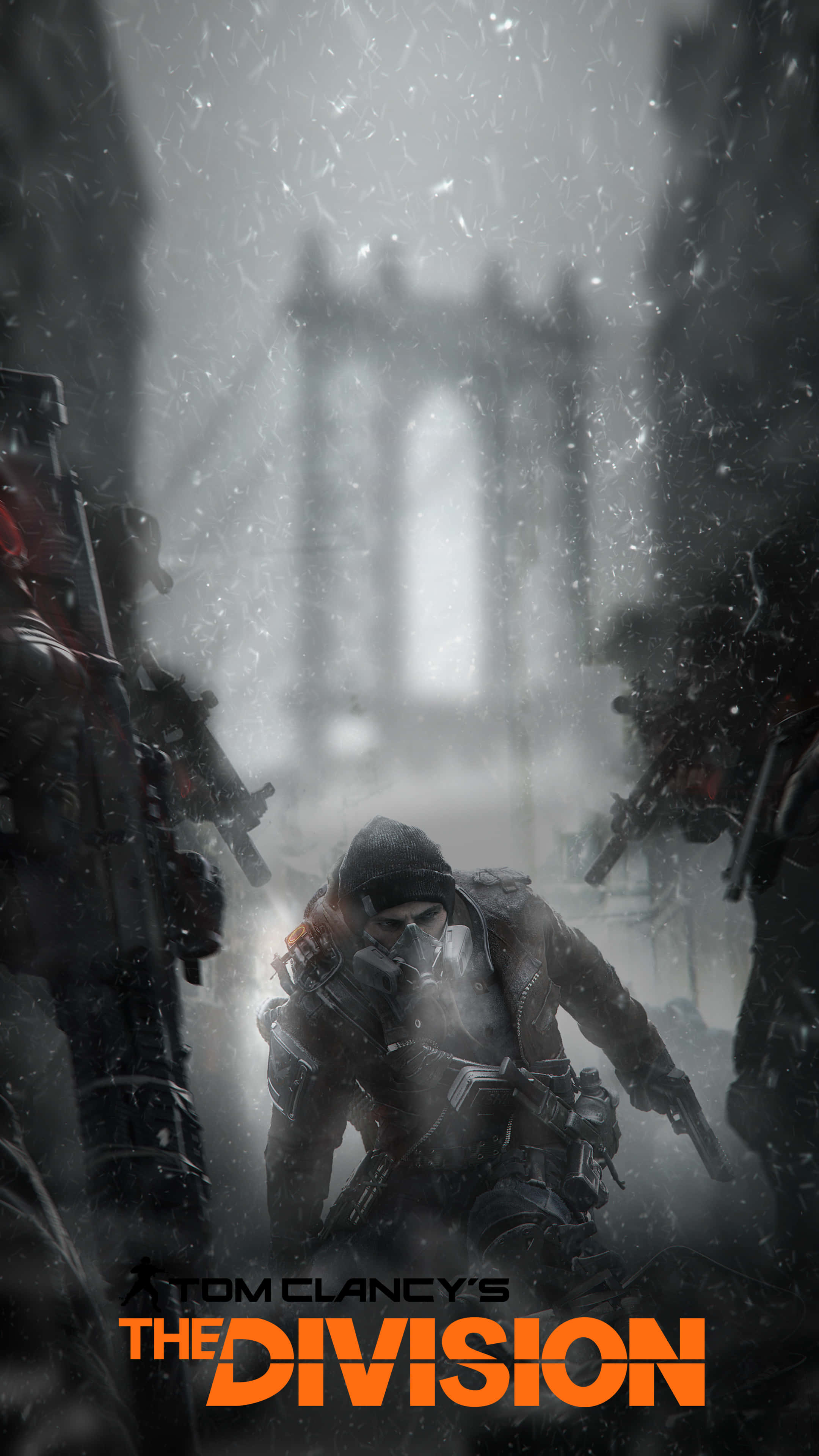 The Division 桌布 壁紙 — 一名身穿戰術裝備的士兵在白雪覆蓋的城市廢墟中前進，霧氣瀰漫的背景中聳立著哥德式建築。