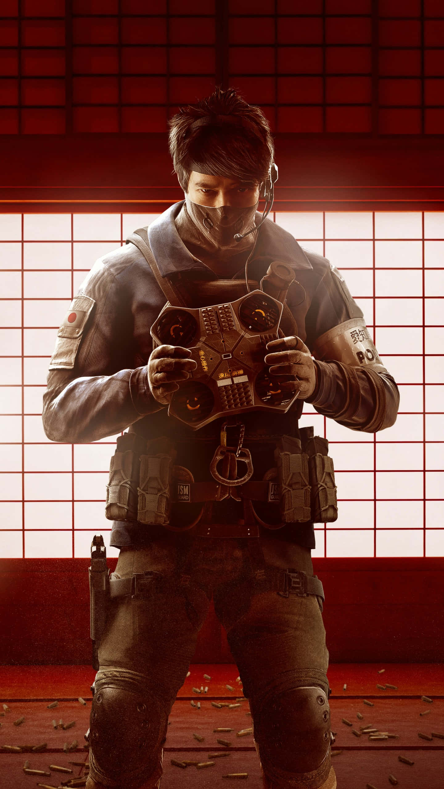Android Rainbow Six Siege 桌布 壁紙 — 一名身穿戰術裝備的士兵在紅色燈光的障子屏幕背景下手持複雜裝置，地板上有散落的子彈。