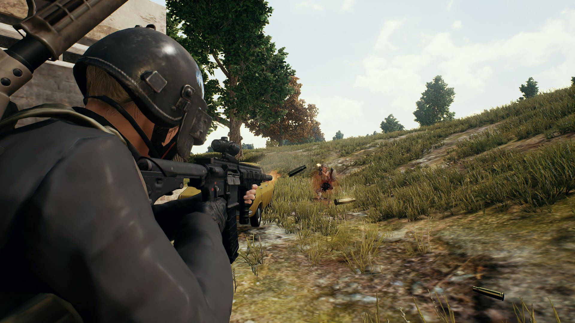 士兵在草地戶外戰鬥場景中用步槍瞄準敵人。 — PUBG 4K 壁紙 壁紙
