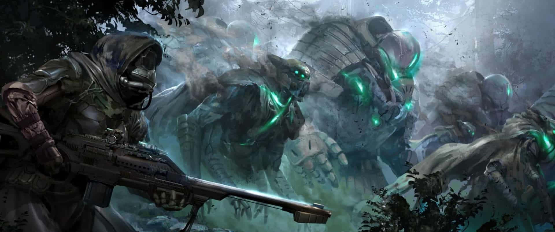 Destiny 2 桌布 壁紙 — 一名身穿戰術裝備的士兵在迷霧森林中，用步槍瞄準散發綠色能量的高聳生化機械怪物。