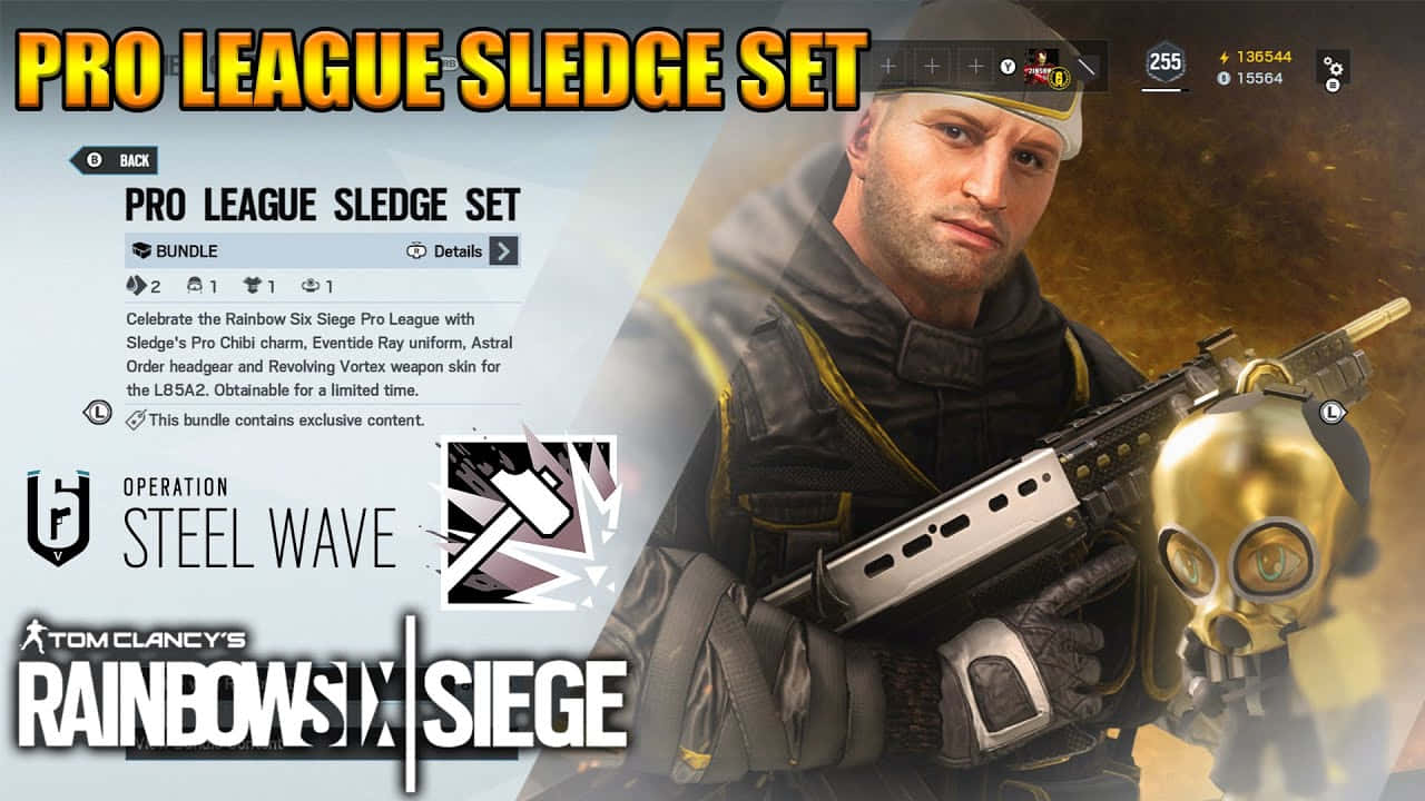 Rainbow Six Siege Sledge 桌布 壁紙 — 一名身穿戰術裝備的士兵在遊戲介面背景下手持金色骷髏主題武器。