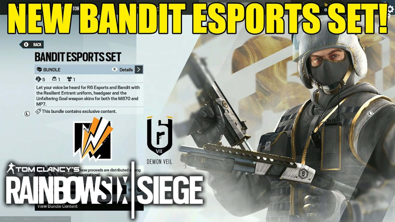 Rainbow Six Siege Bandit 桌布 壁紙 — 一名身穿戰術裝備的士兵在遊戲介面背景下手持武器，宣傳《虹彩六號：圍攻行動》中的Bandit Esports套裝。