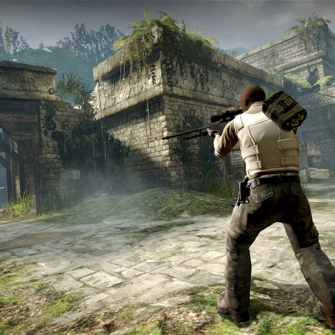 Best Counter-strike Global Offensive 桌布 壁紙 — 一名身穿戰術裝備的士兵在陰沉天空下，從長滿蕨類和苔蘚的古老石頭廢墟後方瞄準步槍。