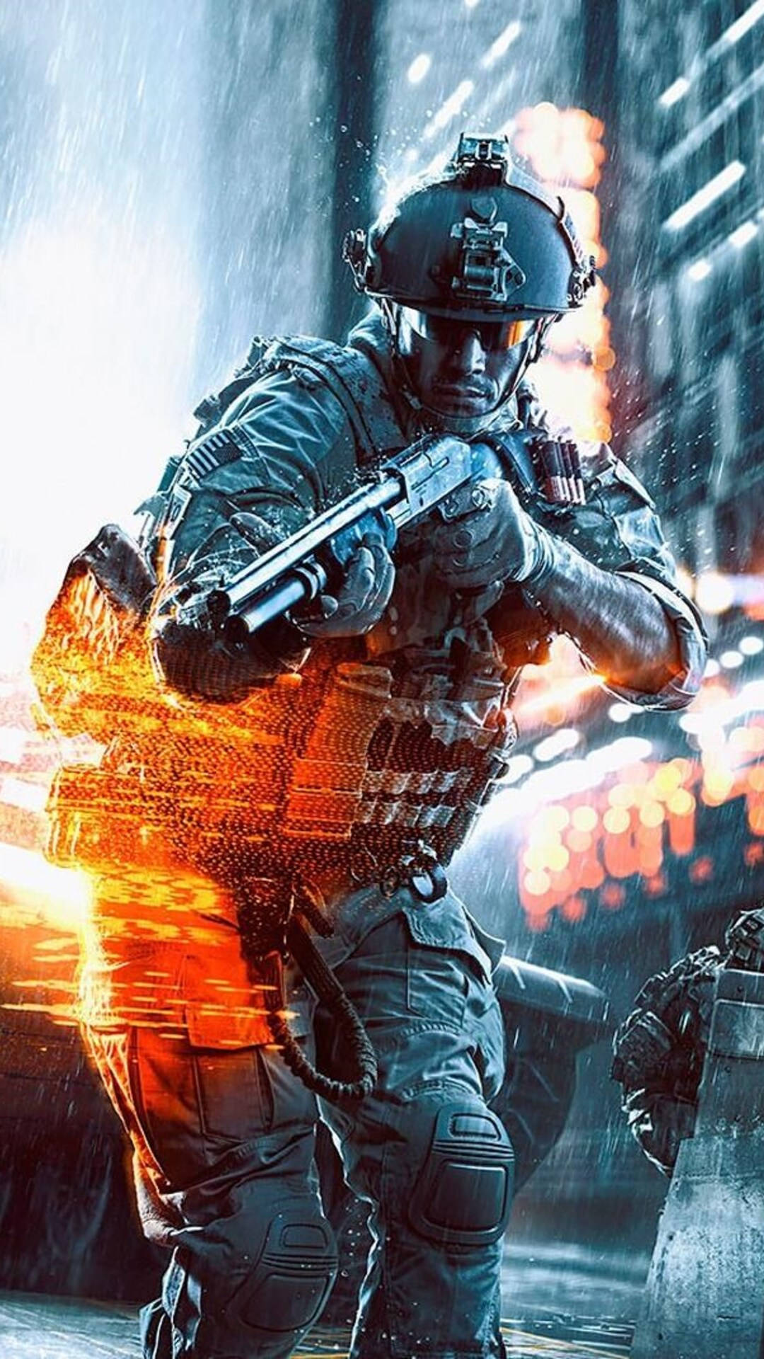 電玩遊戲 桌布 壁紙 — 一名身穿戰術裝備的士兵在雨中及火焰爆炸中，於霓虹燈照亮的城市戰場上開火。