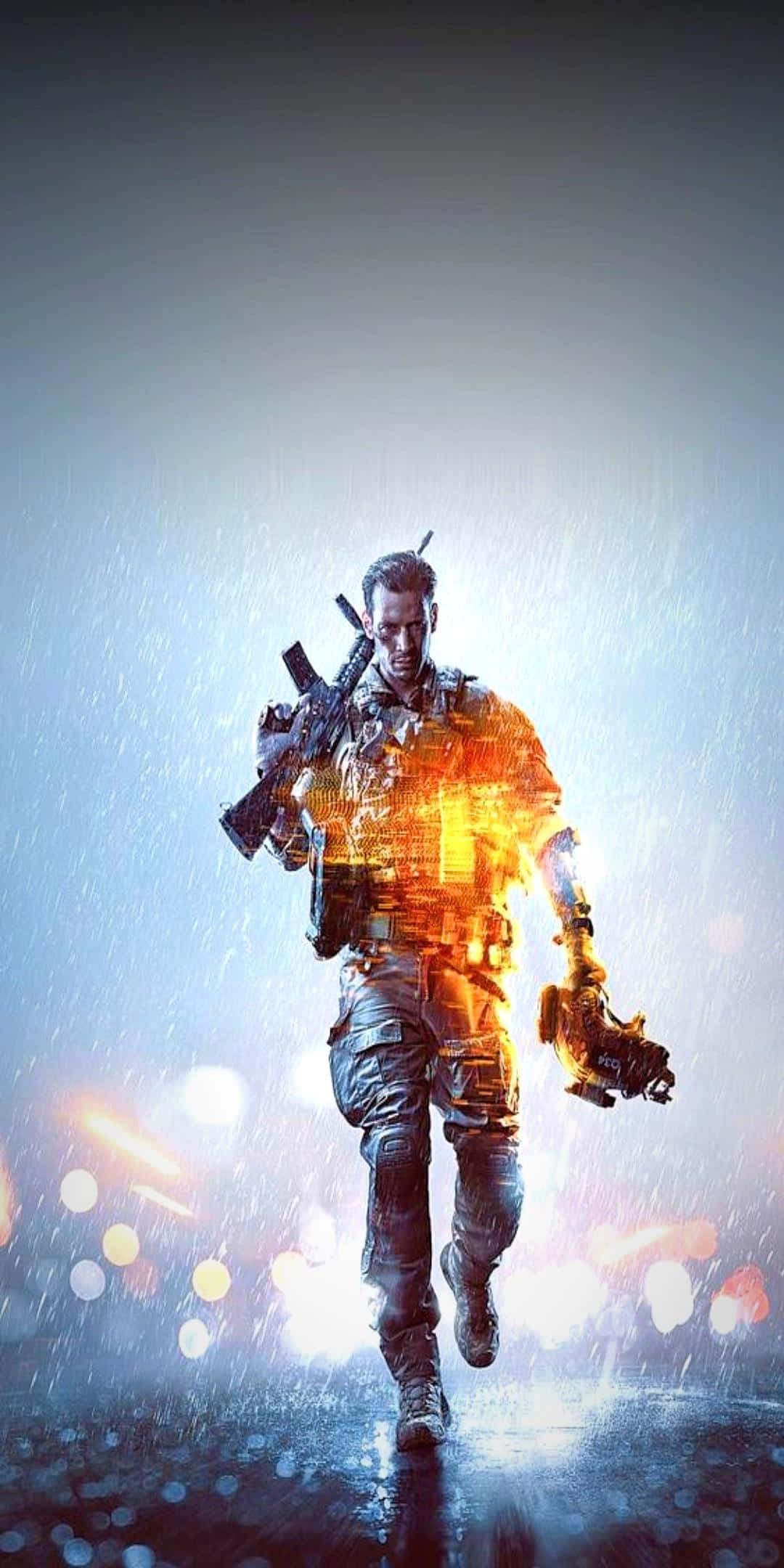 Pixel 3 Battlefield 3 桌布 壁紙 — 一名身穿戰術裝備的士兵在雨中大步前行，身體散發著橙色光芒的能量，背景是模糊的城市。