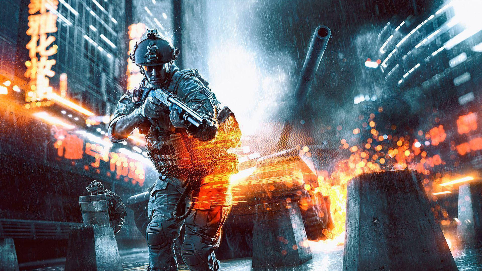 Battlefield 4 City 桌布 壁紙 — 一名身穿戰術裝備的士兵在雨水浸濕、霓虹燈照亮、充滿爆炸和碎片的城市戰場上開火。