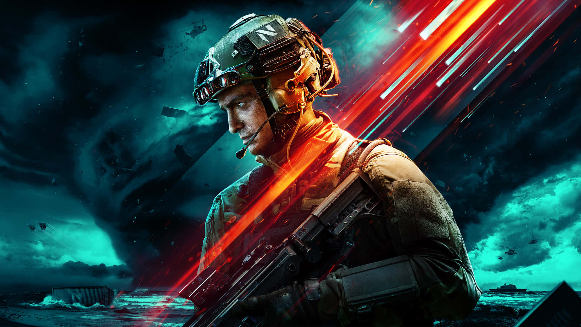 Battlefield 桌布 壁紙 — 一名身穿戰術裝備的士兵在風暴般的青綠色和紅色燈光戰場上，手持步槍，並有飛行的無人機。