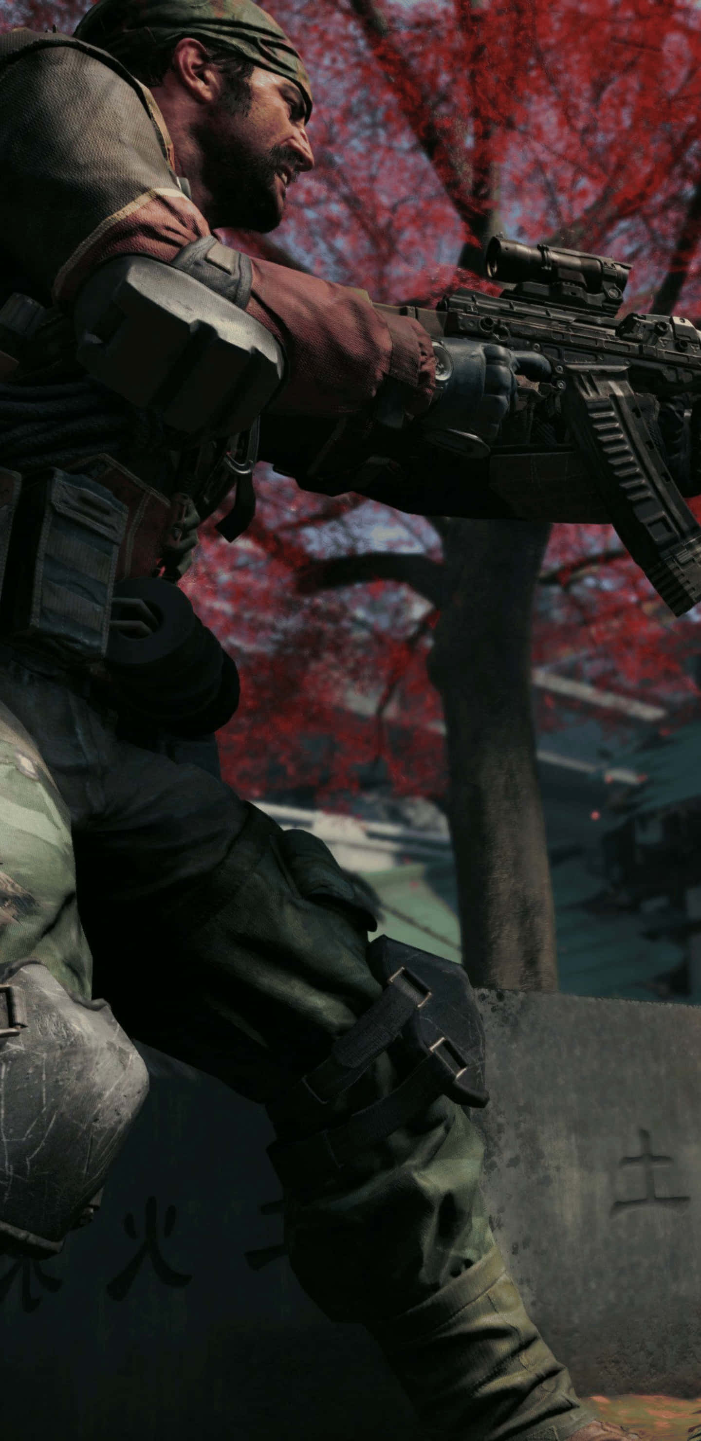 Pixel 3xl Call Of Duty Black Ops 4 桌布 壁紙 — 一名身穿戰術裝備的士兵在鮮紅秋樹的背景下，專注地瞄準步槍。