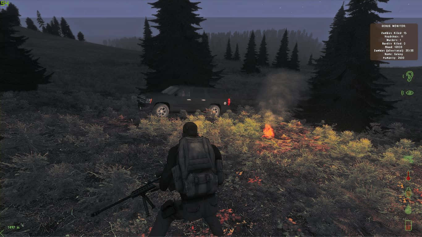 Bonfire 桌布 壁紙 — 一名身穿戰術裝備的士兵在黃昏時分的霧氣松林中，蹲在一輛黑色SUV旁邊的燃燒灌木叢附近。
