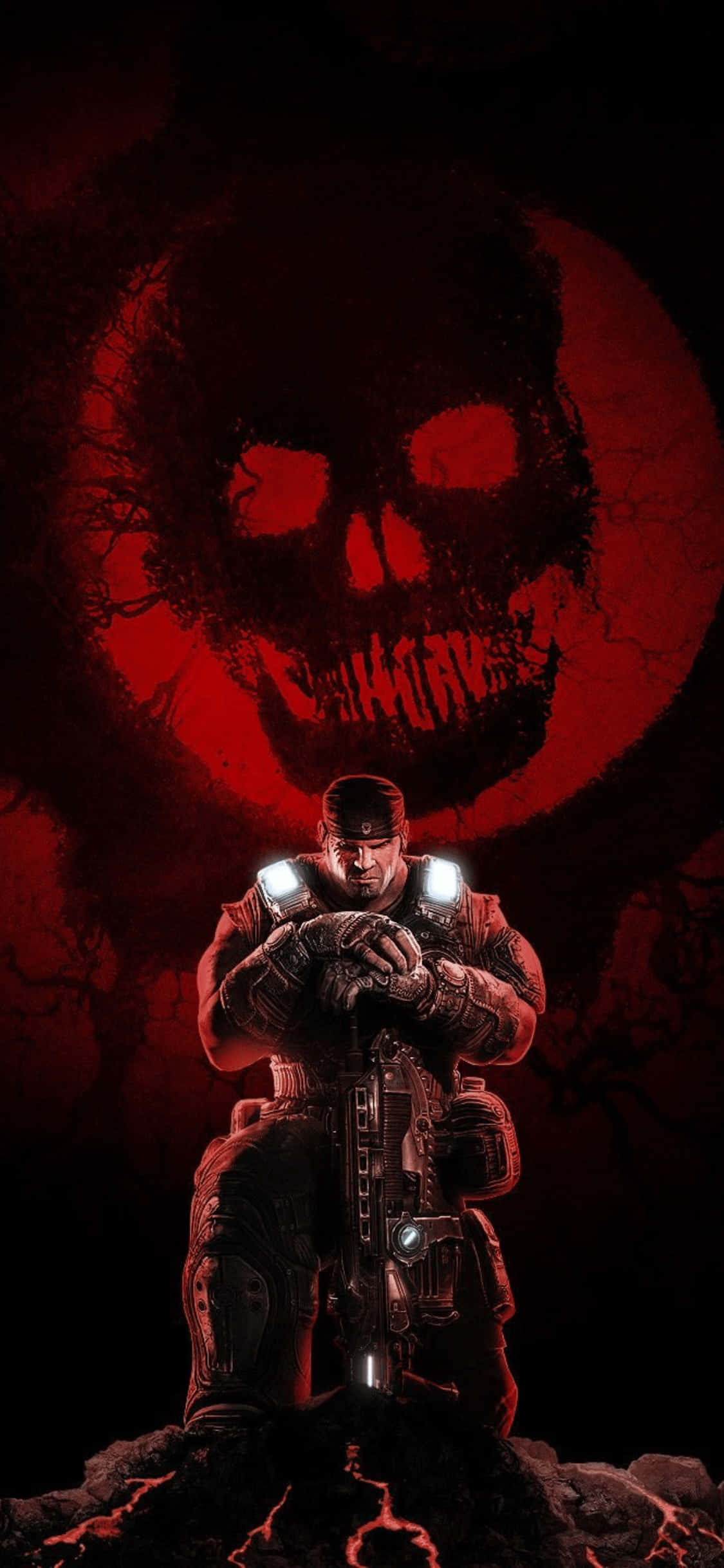 iPhone X Gears Of War 5 桌布 壁紙 — 一名身穿戰術裝備的士兵在黑暗不祥的背景前，挑釁地站在一個發光的紅色骷髏頭前。
