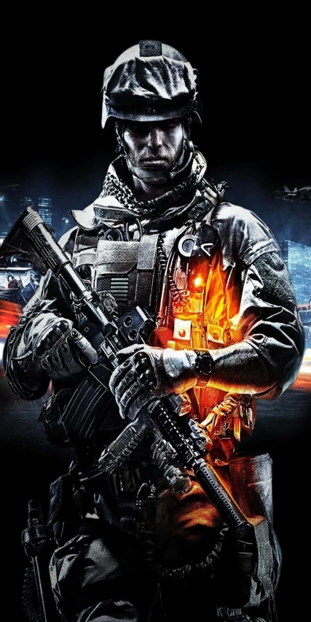 Pixel 3 Battlefield 3 桌布 壁紙 — 一名身穿戰術裝備的士兵在黑暗的城市背景下持步槍，背景帶有火焰般的發光點綴。