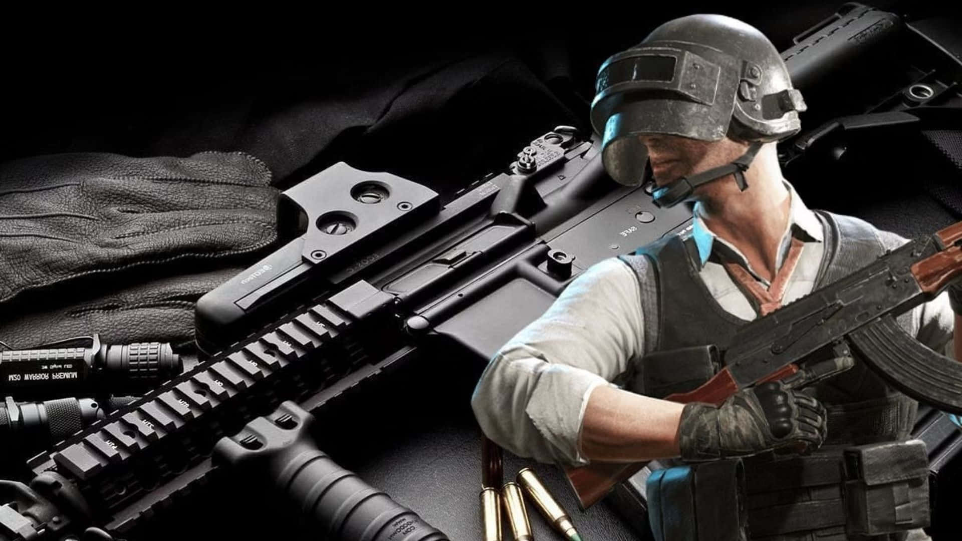 Pubg Guns 桌布 壁紙 — 一名身穿戰術裝備的士兵在黑暗的表面上，手持突擊步槍，旁邊還有另一件武器和彈藥。