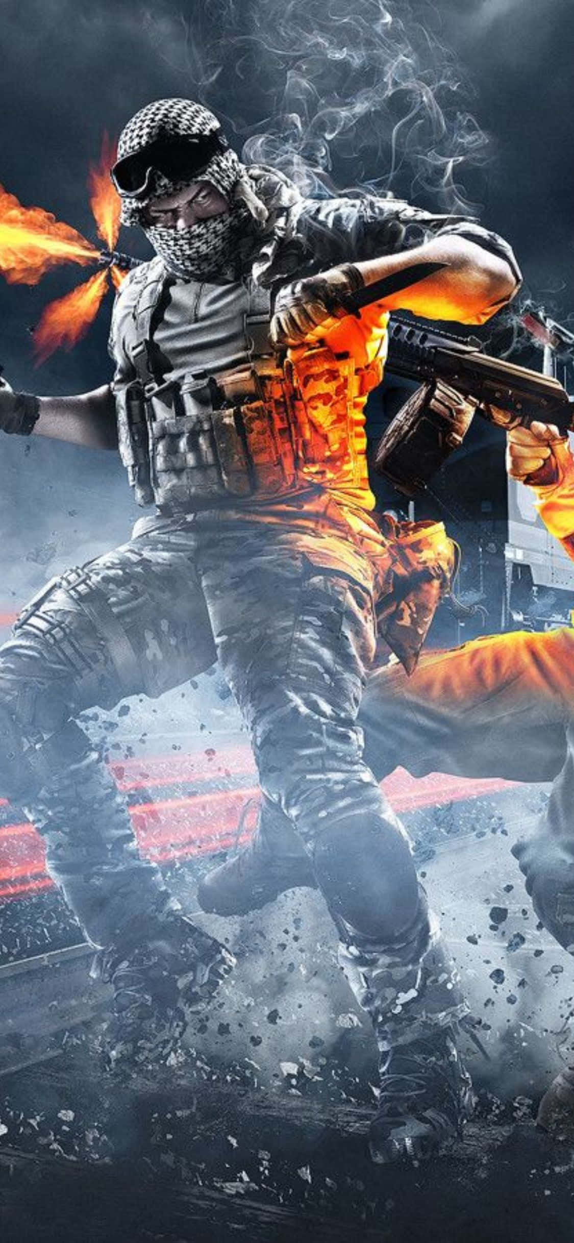 iPhone Xs Battlefield 3 桌布 壁紙 — 一名身穿戰術裝備的士兵在黑暗粗糙的背景中開火，槍口閃光並冒出煙霧。