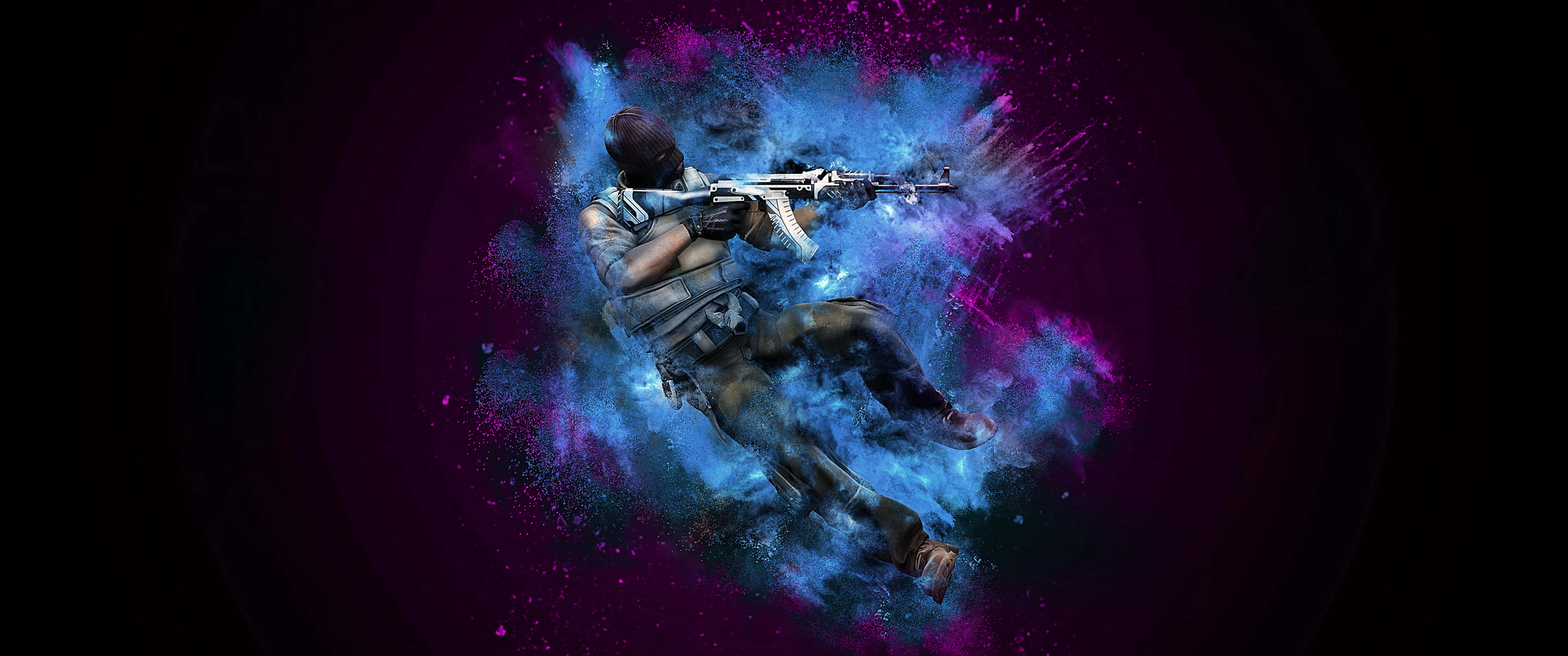 3440x1440p Counter-strike Global Offensive 桌布 壁紙 — 一名身穿戰術裝備的士兵在黑暗背景中，於充滿活力的藍色和紫色宇宙爆炸中開火射擊步槍。
