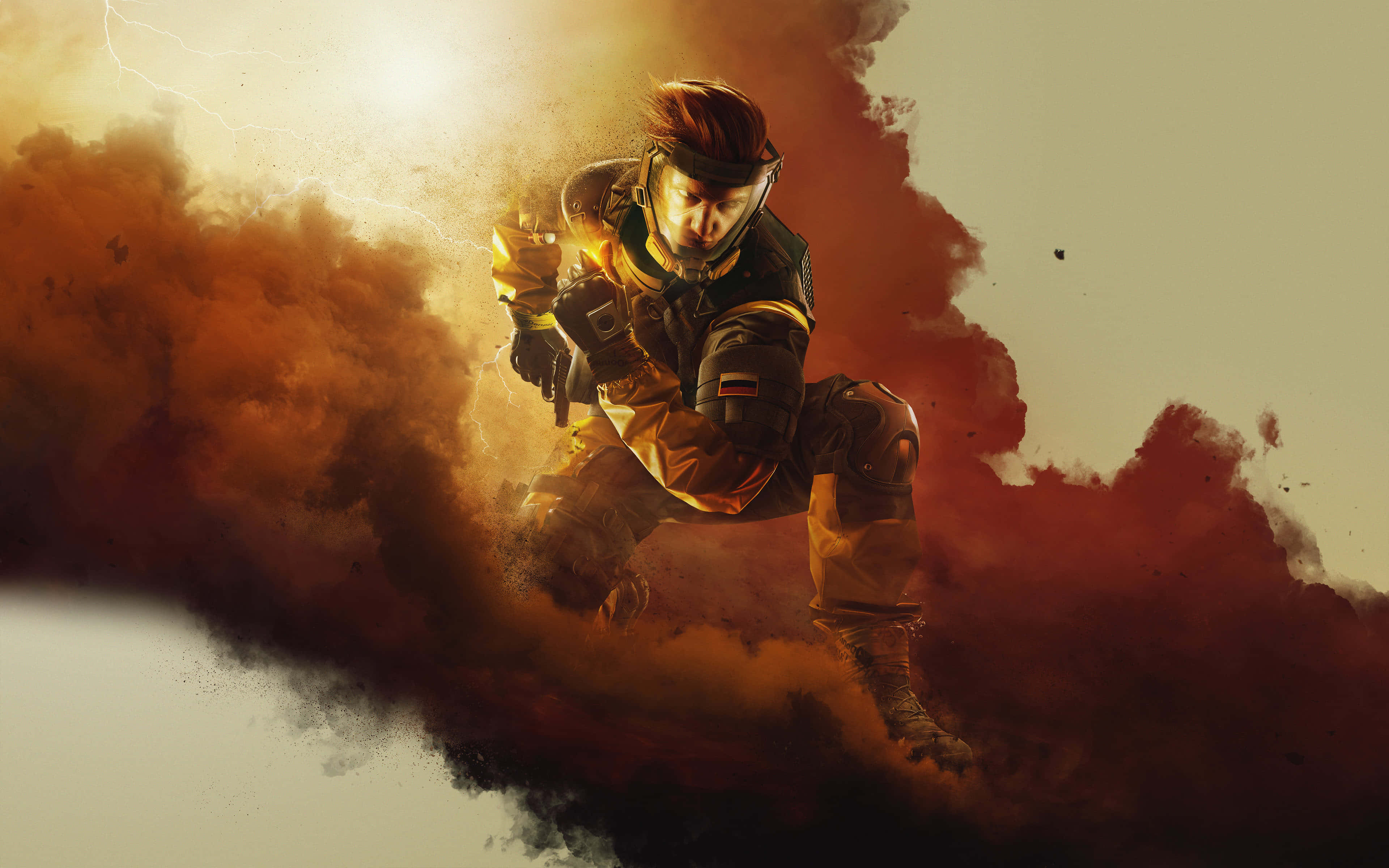 Rainbow Six Siege Operators 桌布 壁紙 — 一名身穿戰術裝備的士兵從烈火爆炸中衝出，上方閃電劈啪作響。
