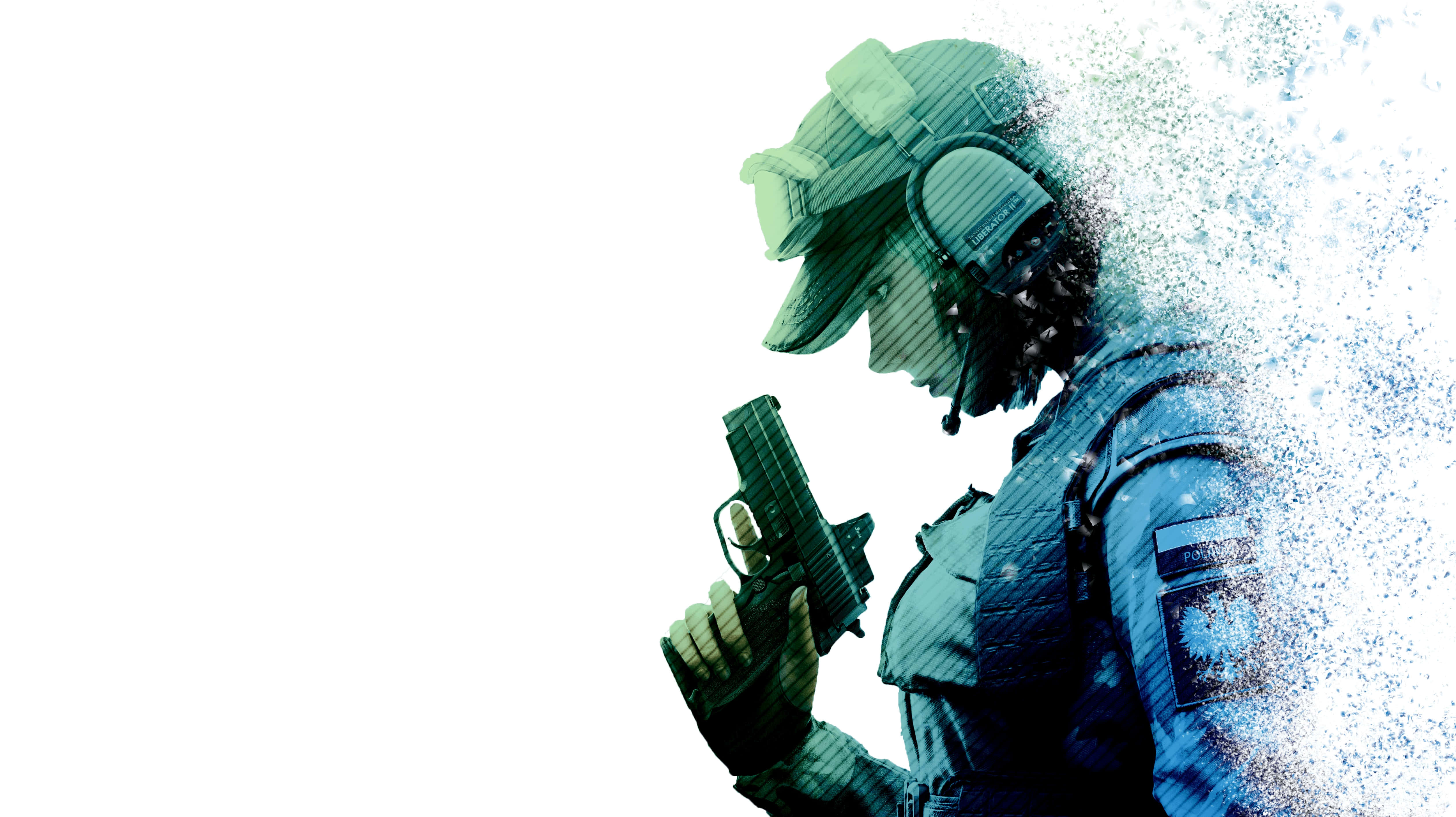 Ela R6 桌布 壁紙 — 一名身穿戰術裝備的士兵手持手槍，其形態在純白背景上分解成粒子。