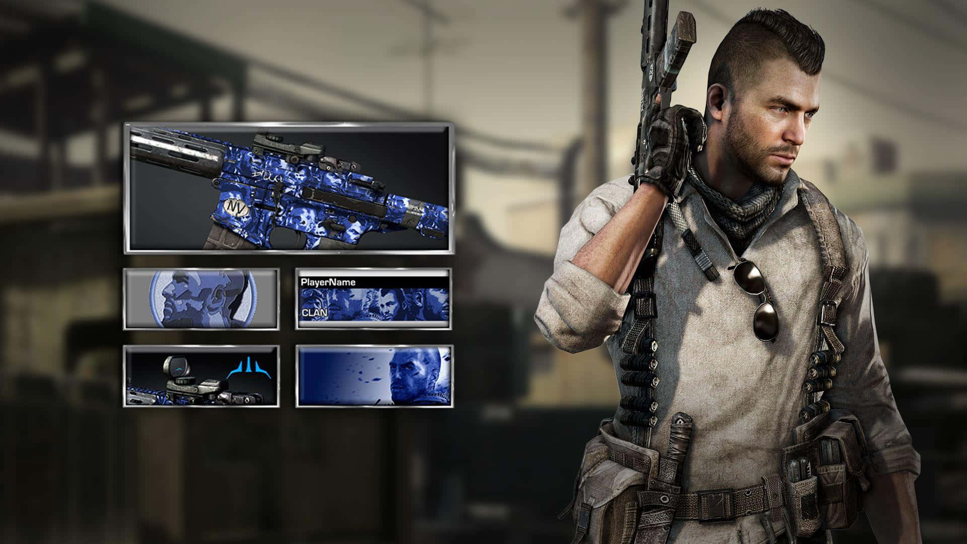 Soap Mactavish 桌布 壁紙 — 一名身穿戰術裝備的士兵手持步槍，旁邊漂浮著一個藍色主題的武器自訂選單，背景是 gritty 的城市環境。
