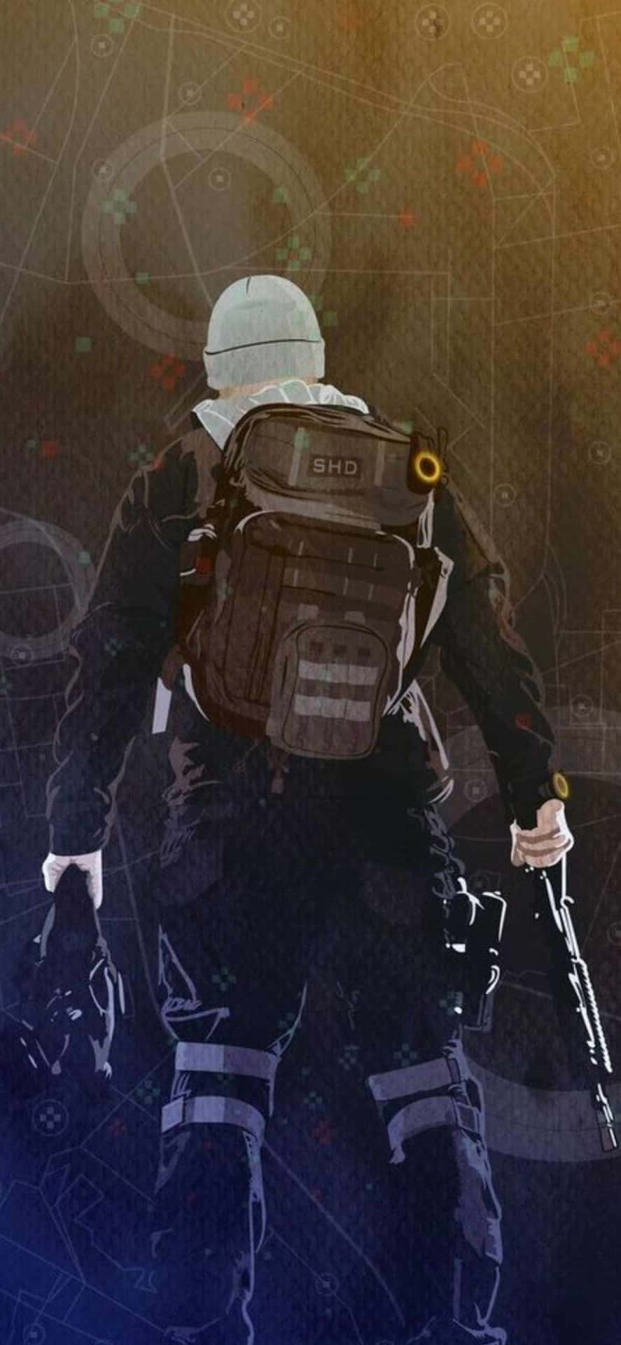 電玩遊戲 桌布 壁紙 — 一名身穿戰術裝備的士兵手持步槍走開，背景是發光的幾何圖案和溫暖的環境燈光。