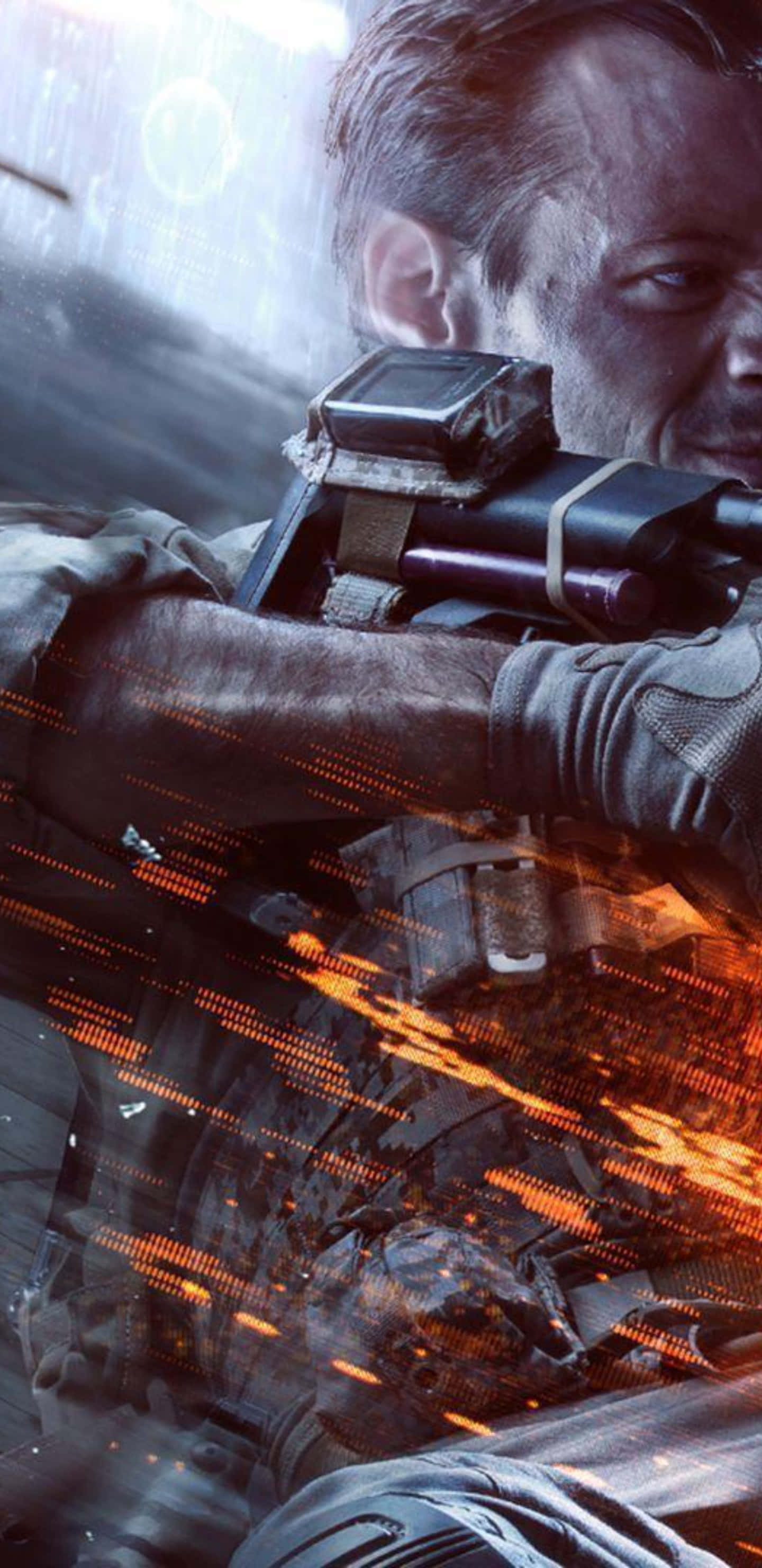 Pixel 3xl Battlefield 4 桌布 壁紙 — 一名身穿戰術裝備的士兵瞄準步槍，發光的橙色數位效果劃過畫面。